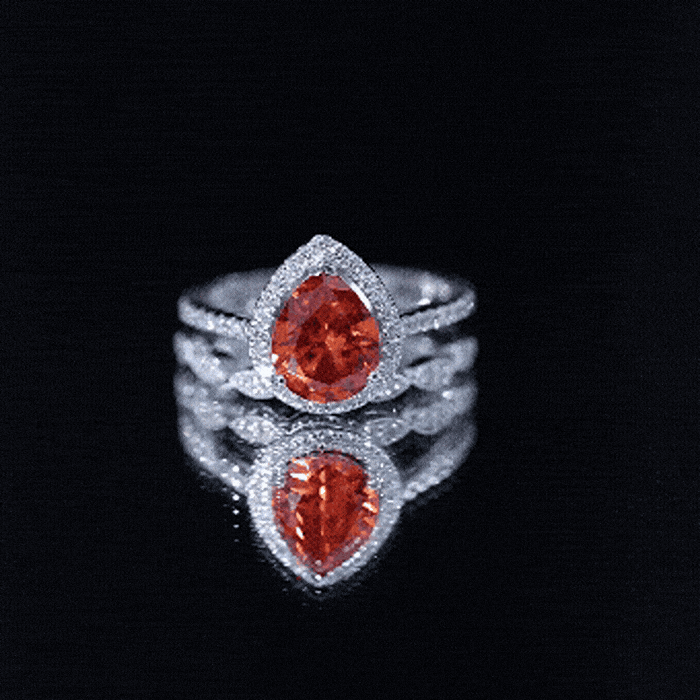 Pear Shaped Lab Grown Orange Sapphire Wedding Ring Set of 2 with Diamond