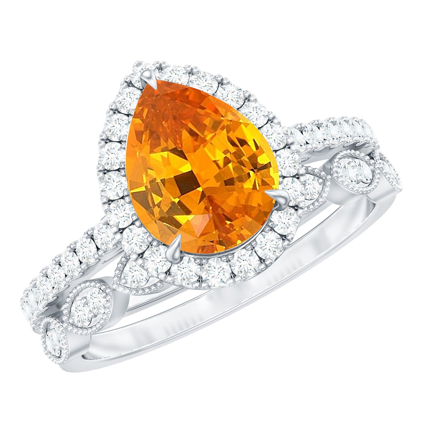 Pear Shaped Lab Grown Orange Sapphire Wedding Ring Set of 2 with Diamond