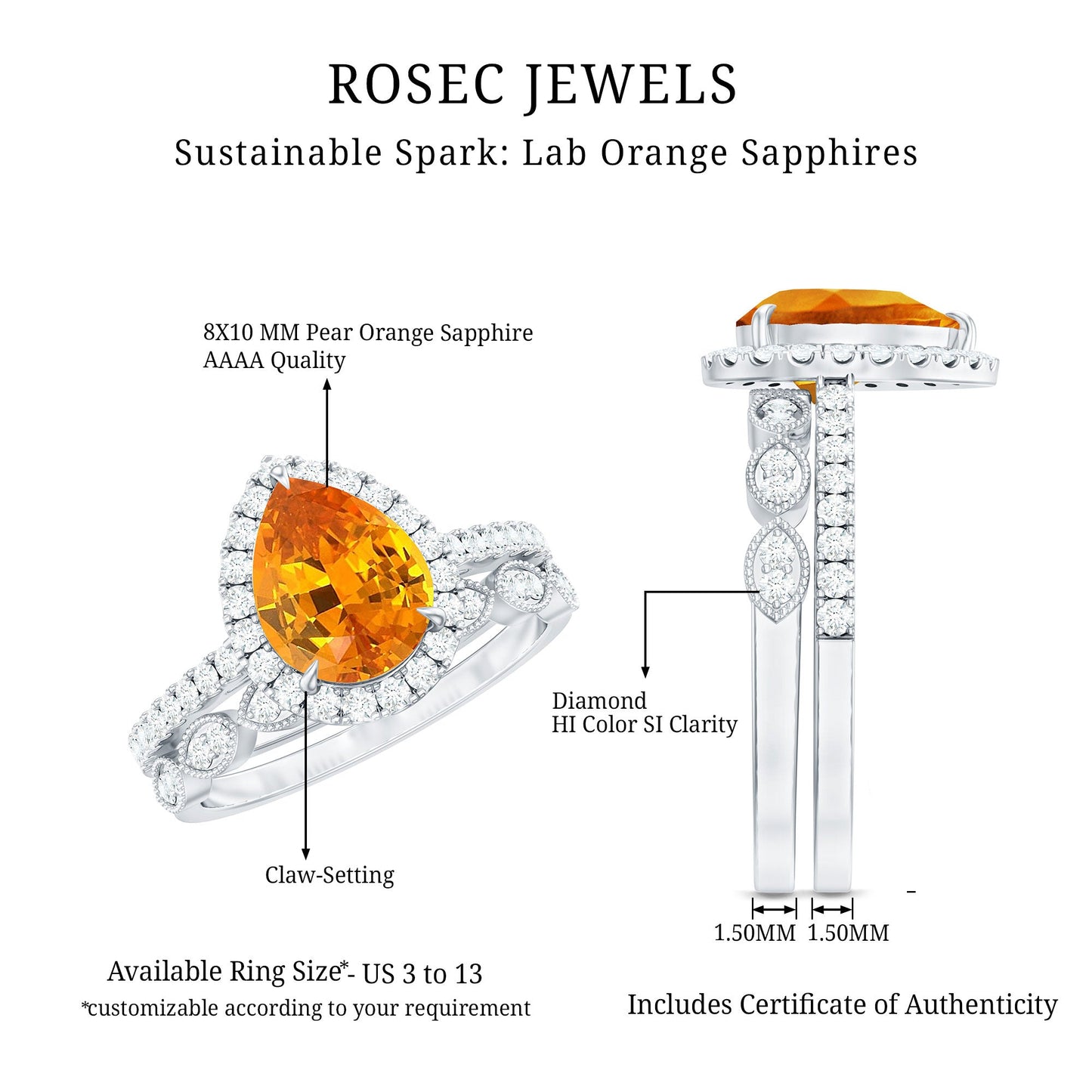 Pear Shaped Lab Grown Orange Sapphire Wedding Ring Set of 2 with Diamond