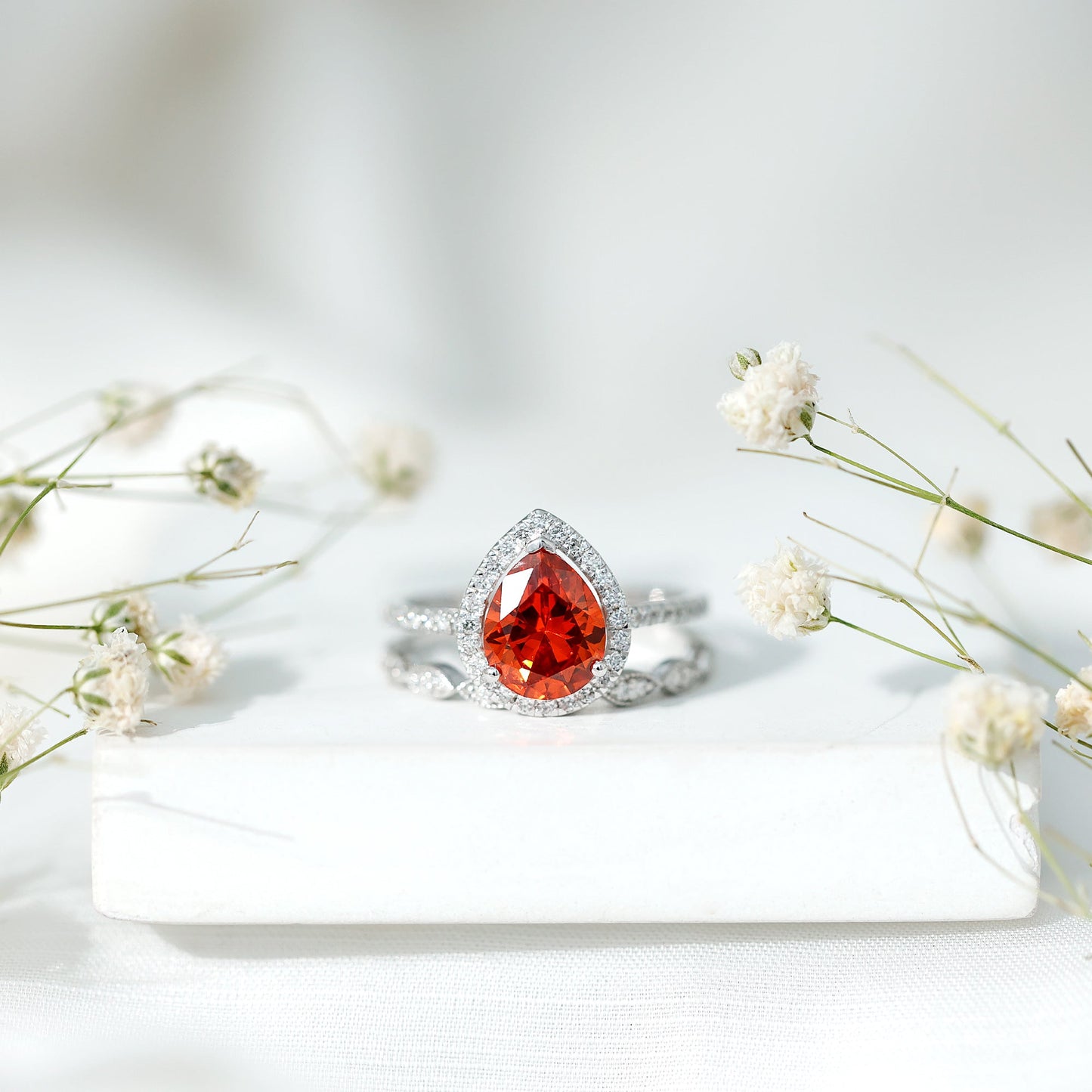 Pear Shaped Lab Grown Orange Sapphire Wedding Ring Set of 2 with Diamond
