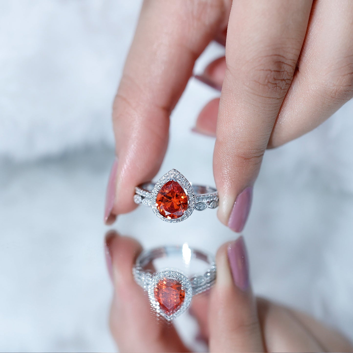 Pear Shaped Lab Grown Orange Sapphire Wedding Ring Set of 2 with Diamond