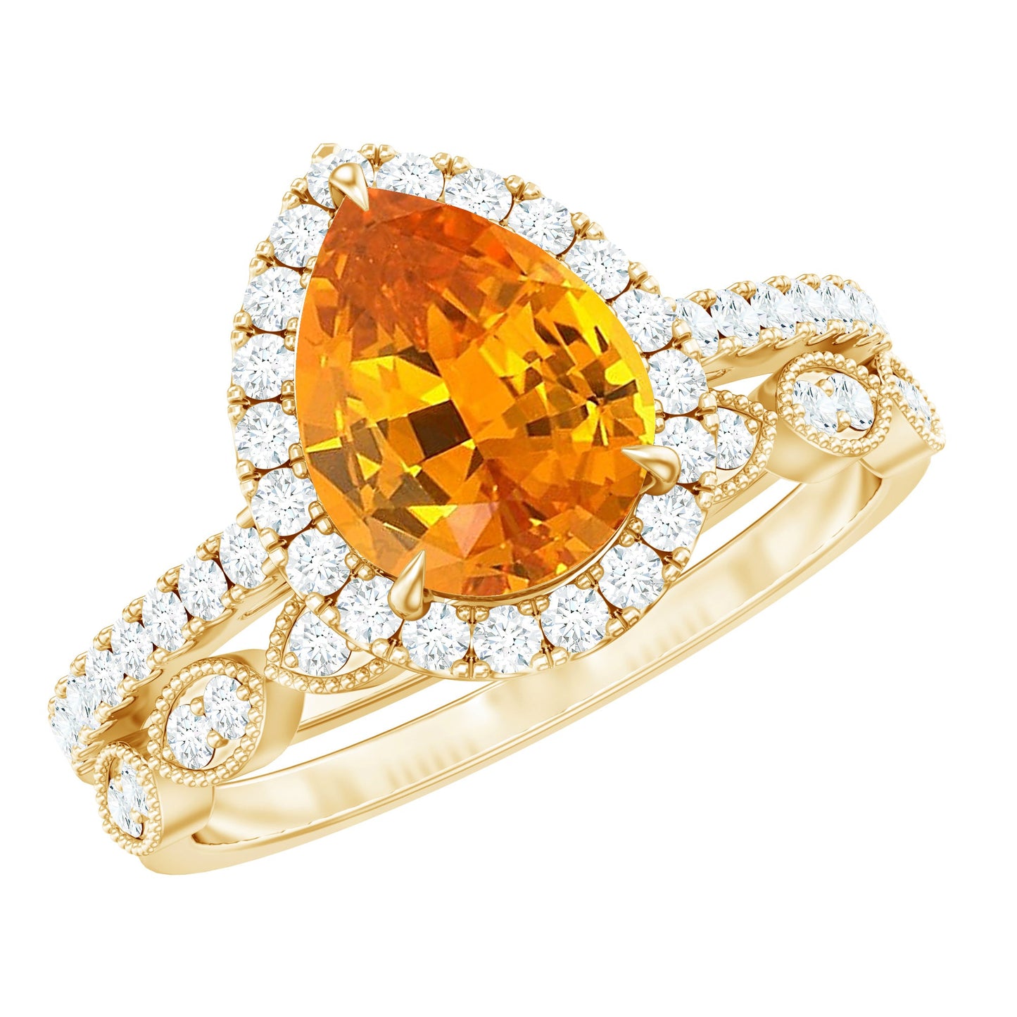 Pear Shaped Lab Grown Orange Sapphire Wedding Ring Set of 2 with Diamond
