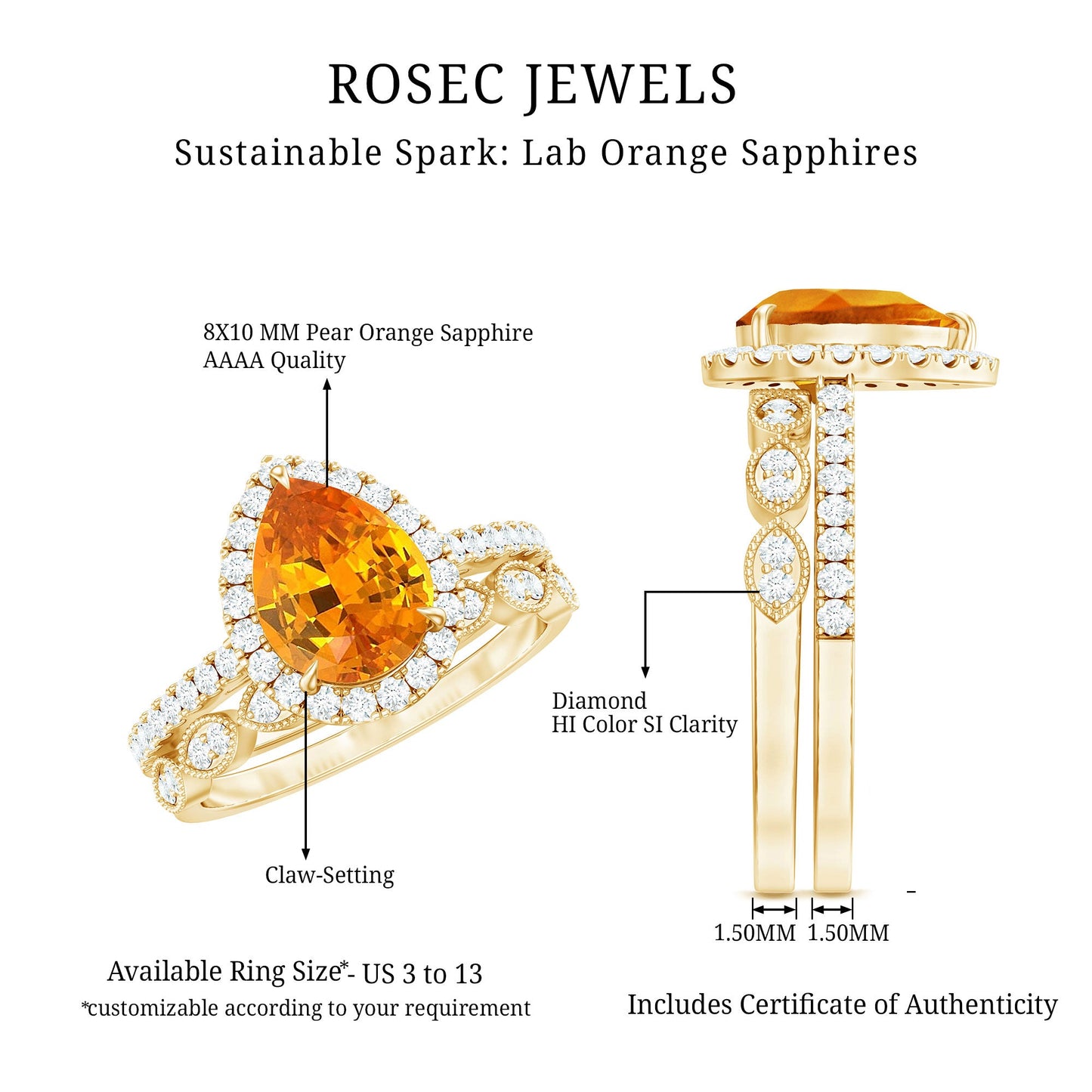 Pear Shaped Lab Grown Orange Sapphire Wedding Ring Set of 2 with Diamond