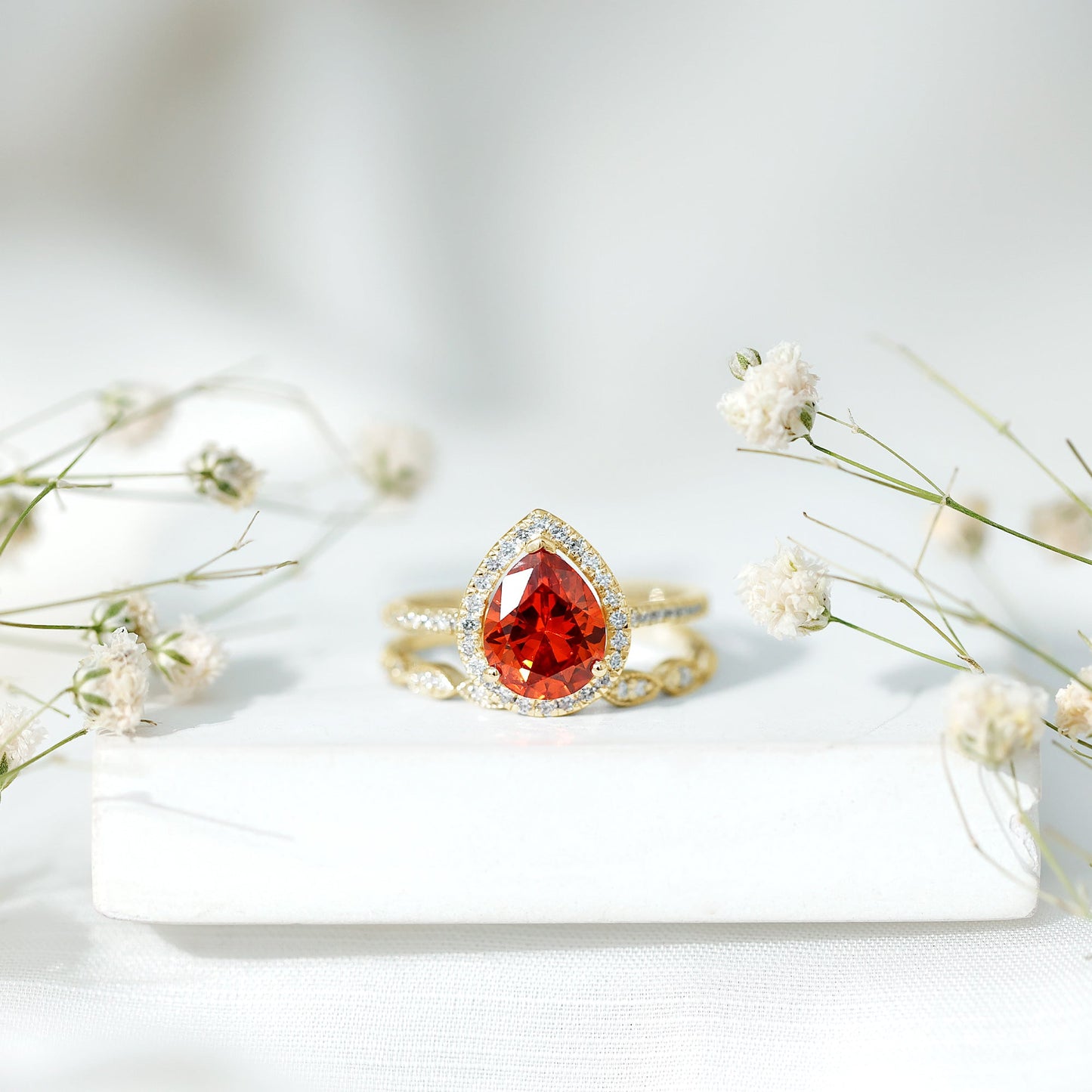 Pear Shaped Lab Grown Orange Sapphire Wedding Ring Set of 2 with Diamond