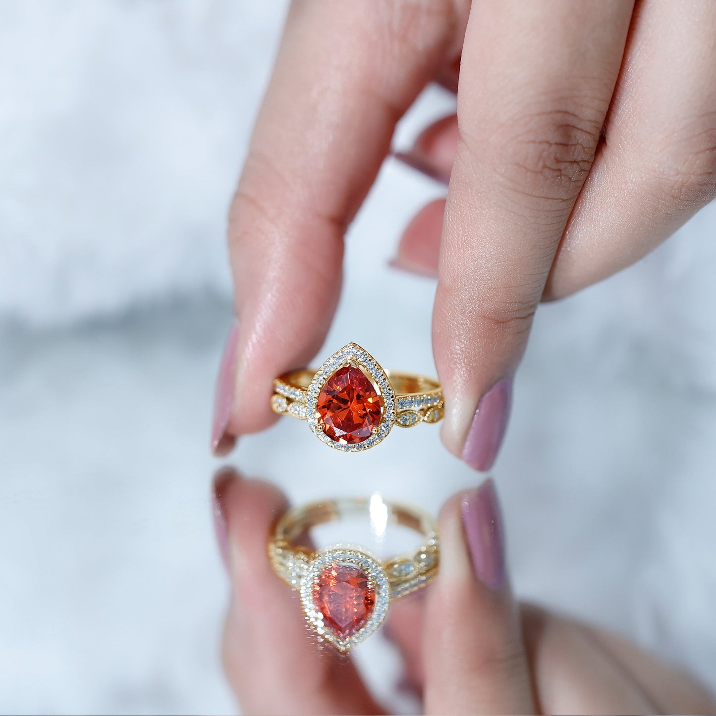 Pear Shaped Lab Grown Orange Sapphire Wedding Ring Set of 2 with Diamond