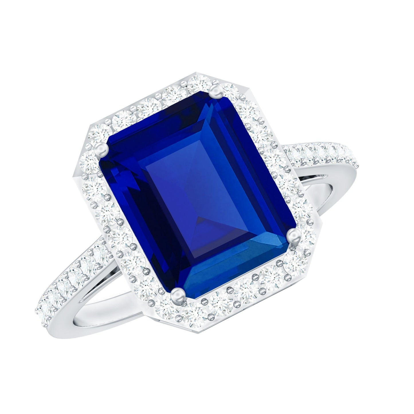 Certified 2.75 Carat Lab Grown Blue Sapphire Emerald Cut Engagement Ring with Diamond Halo