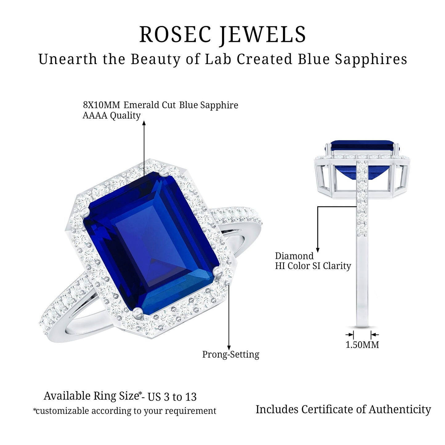 Certified 2.75 Carat Lab Grown Blue Sapphire Emerald Cut Engagement Ring with Diamond Halo