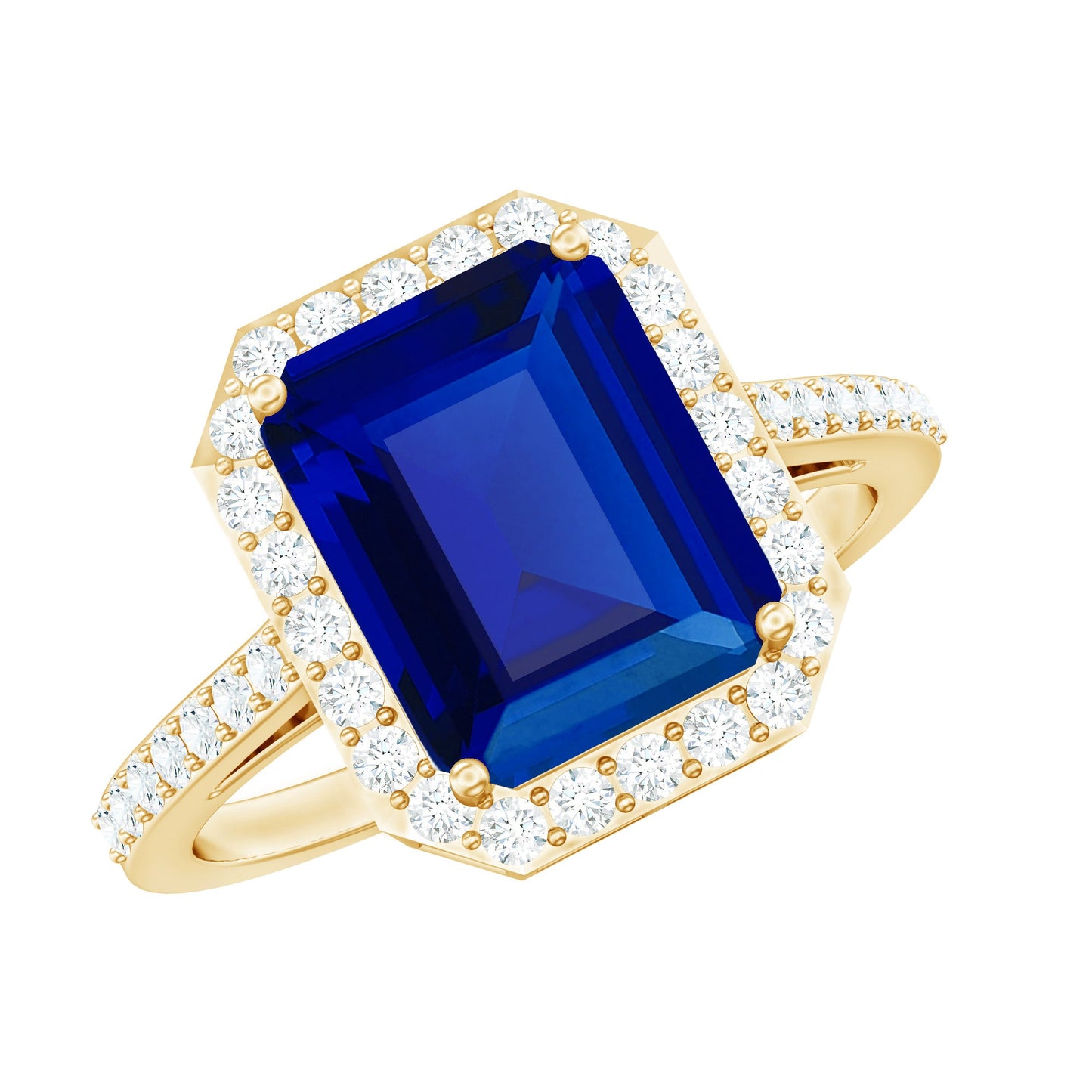 Certified 2.75 Carat Lab Grown Blue Sapphire Emerald Cut Engagement Ring with Diamond Halo