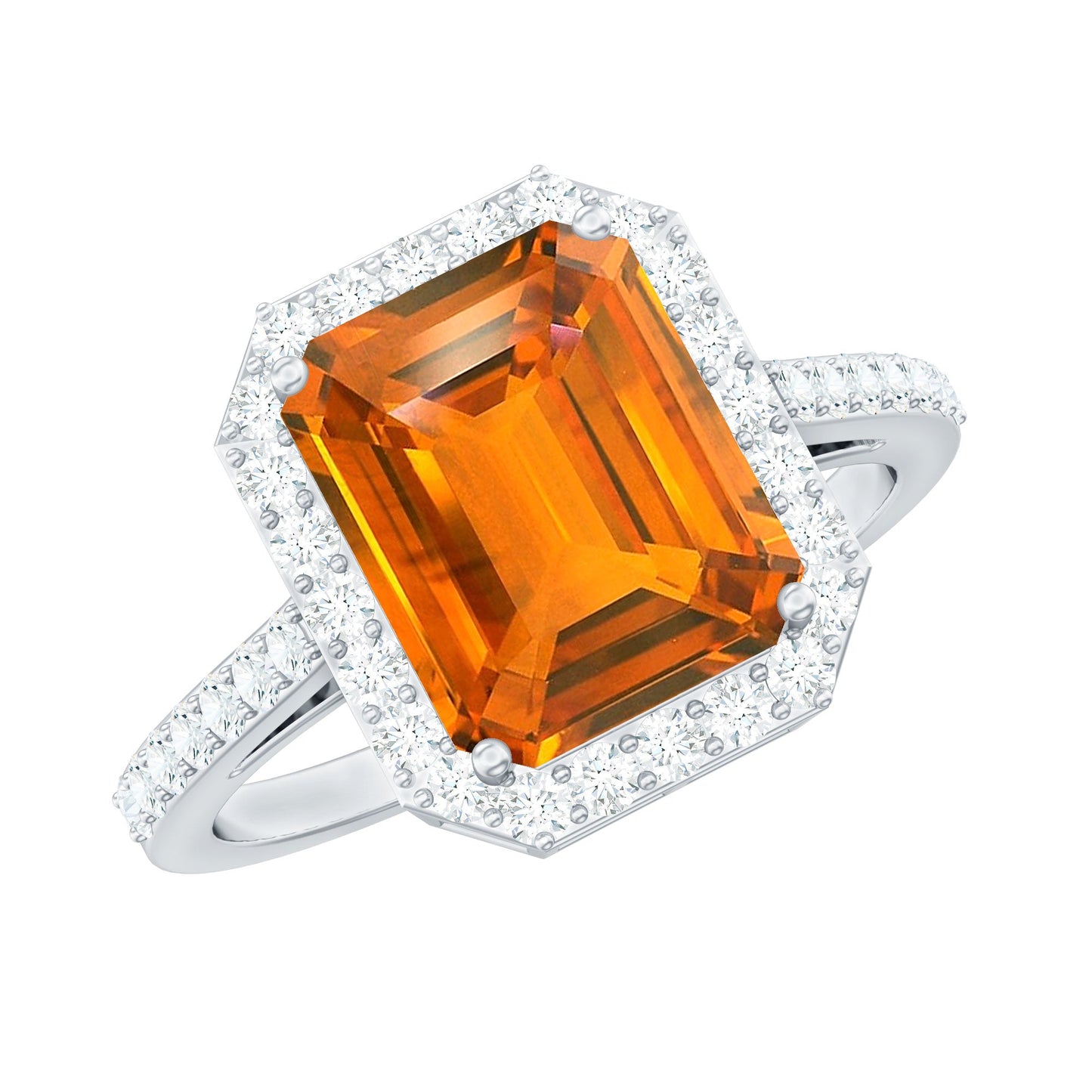 2.75 Carat Lab Grown Orange Sapphire Emerald Cut Engagement Ring with Diamond Halo