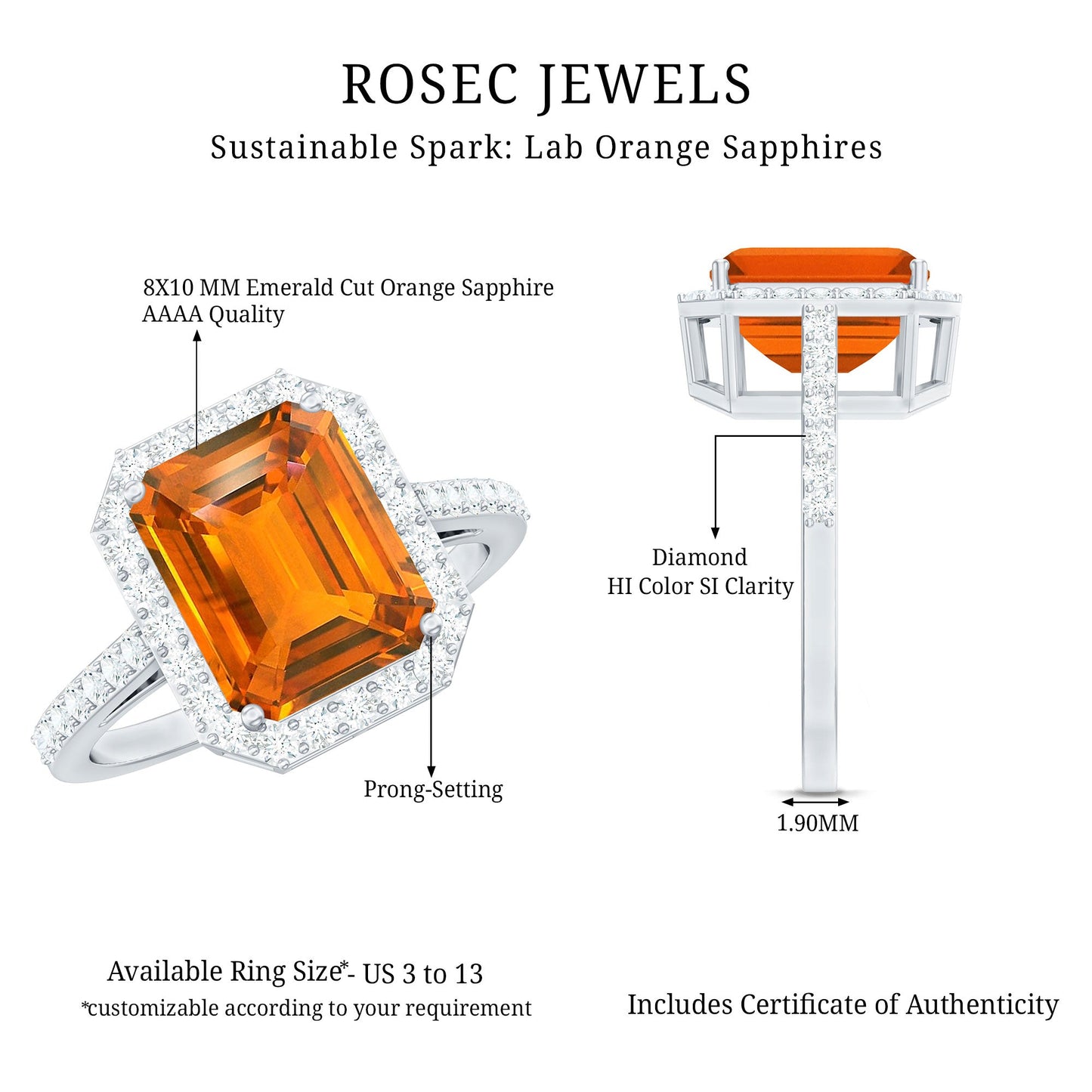 2.75 Carat Lab Grown Orange Sapphire Emerald Cut Engagement Ring with Diamond Halo