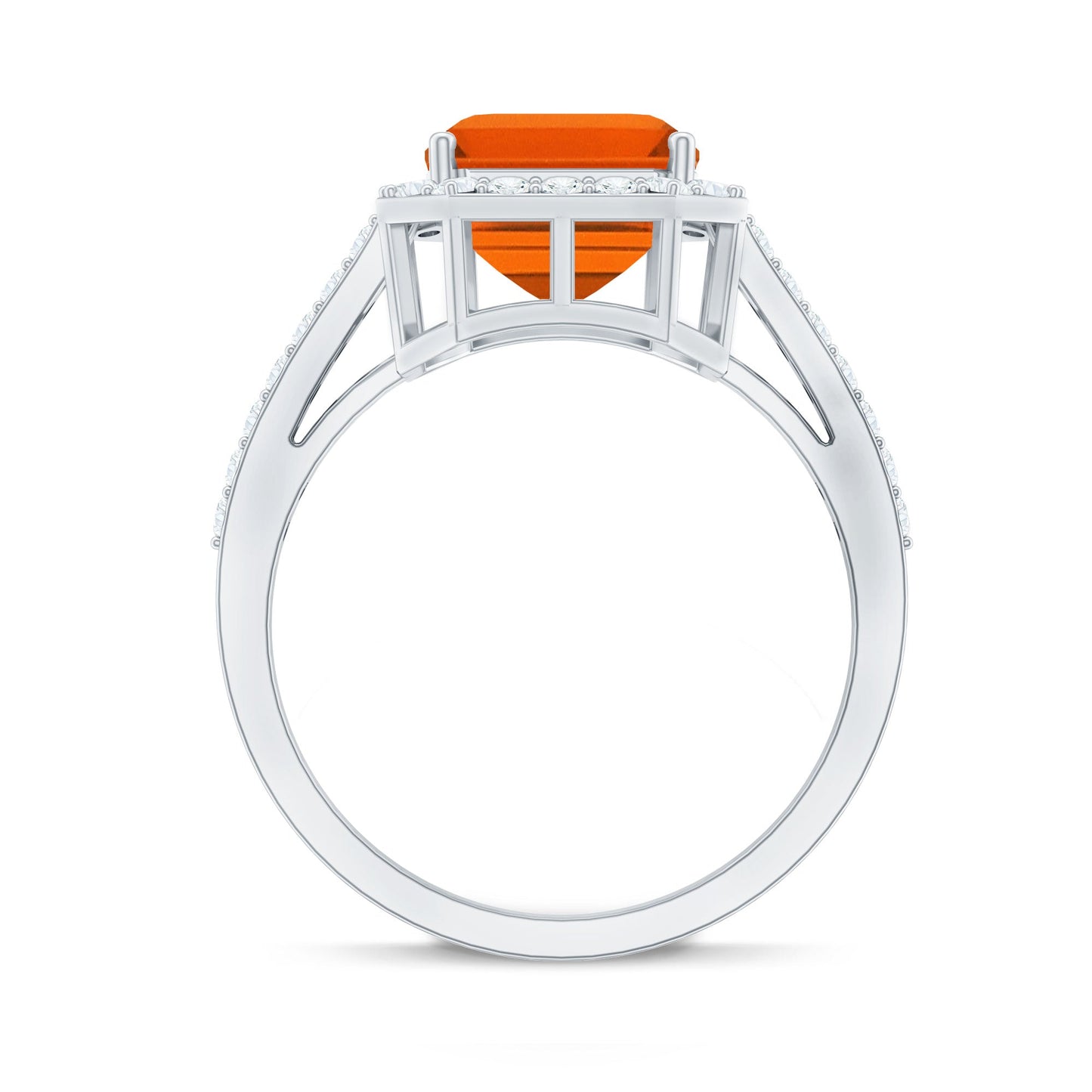 2.75 Carat Lab Grown Orange Sapphire Emerald Cut Engagement Ring with Diamond Halo