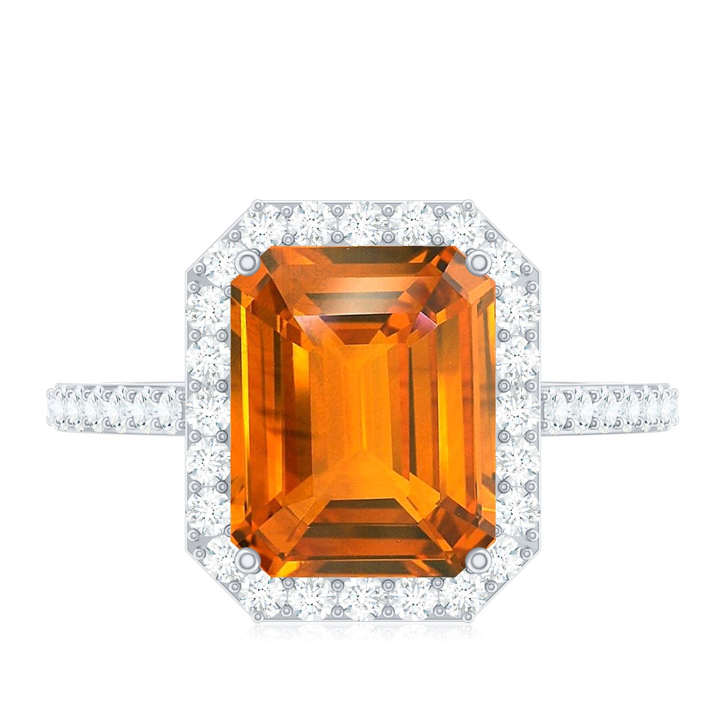 2.75 Carat Lab Grown Orange Sapphire Emerald Cut Engagement Ring with Diamond Halo