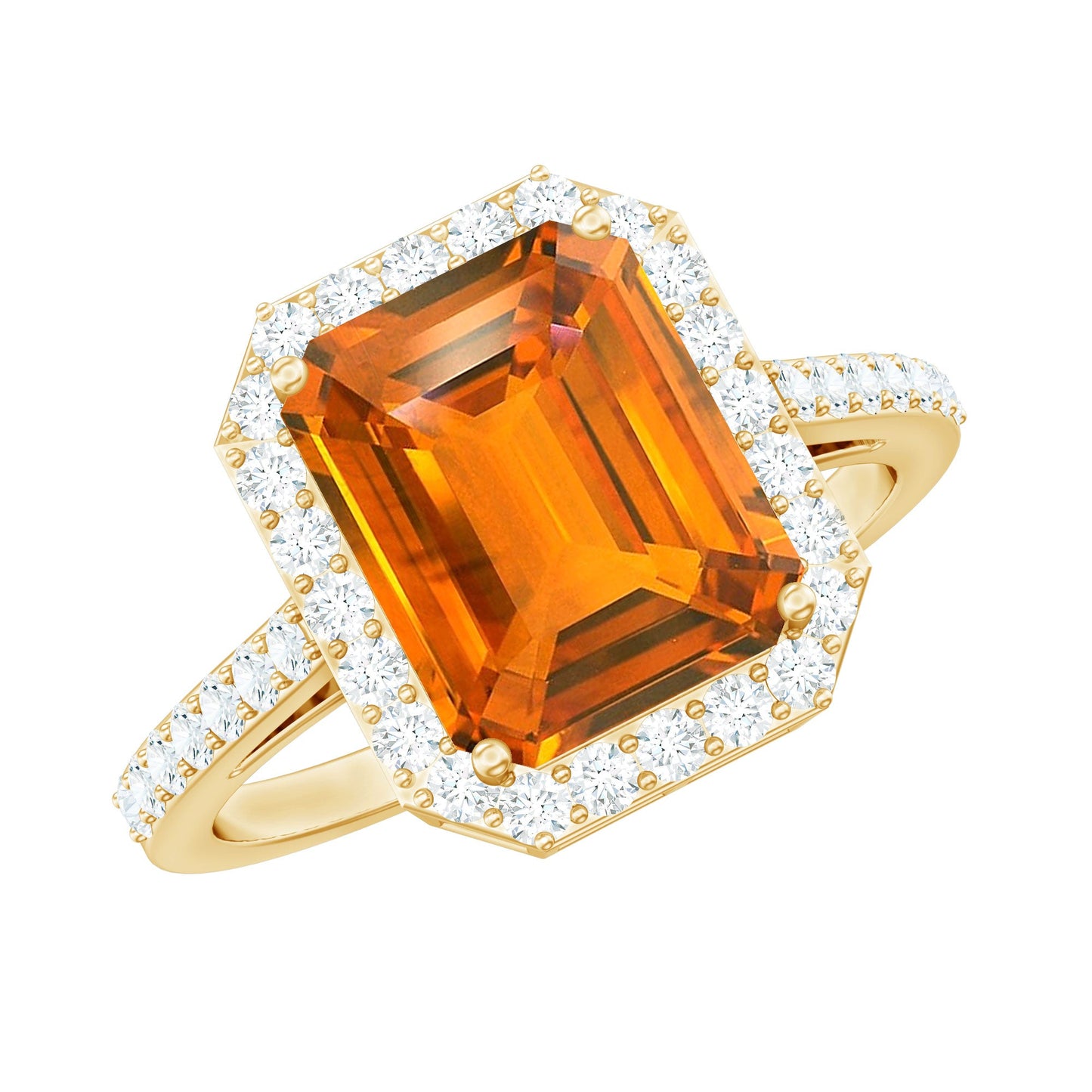 2.75 Carat Lab Grown Orange Sapphire Emerald Cut Engagement Ring with Diamond Halo