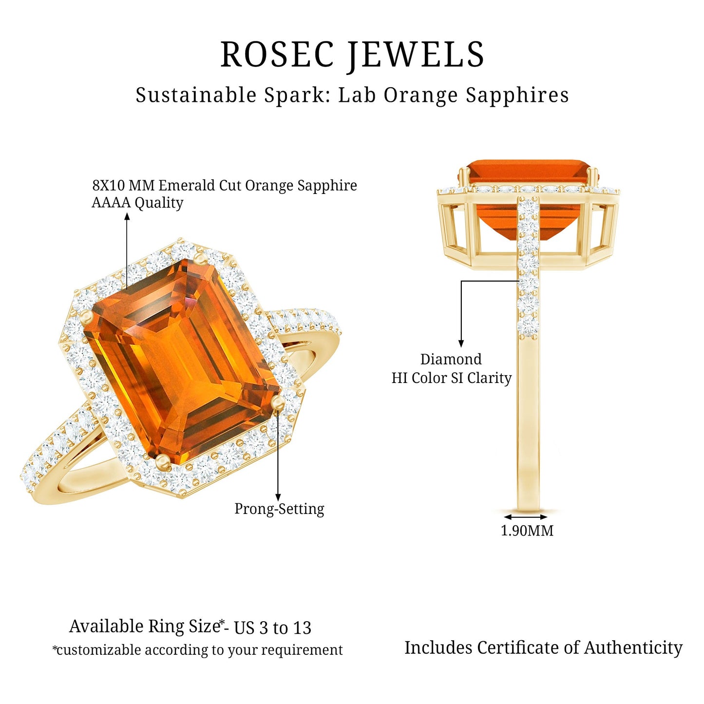 2.75 Carat Lab Grown Orange Sapphire Emerald Cut Engagement Ring with Diamond Halo