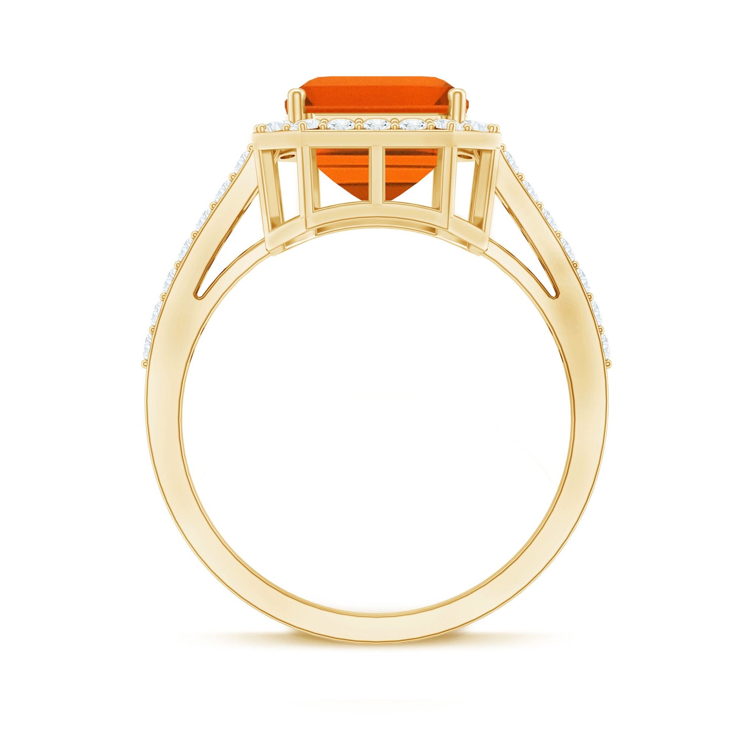 2.75 Carat Lab Grown Orange Sapphire Emerald Cut Engagement Ring with Diamond Halo