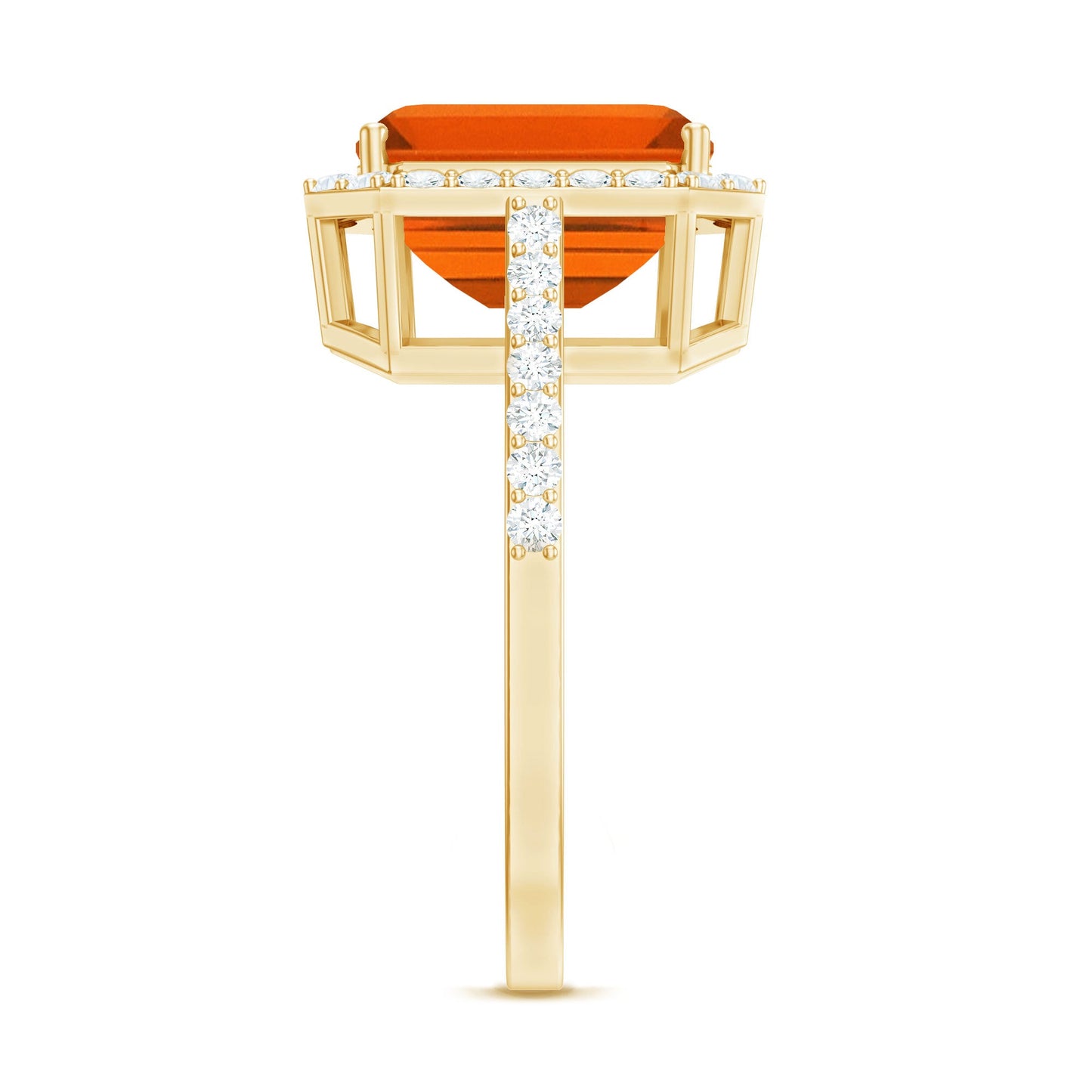 2.75 Carat Lab Grown Orange Sapphire Emerald Cut Engagement Ring with Diamond Halo