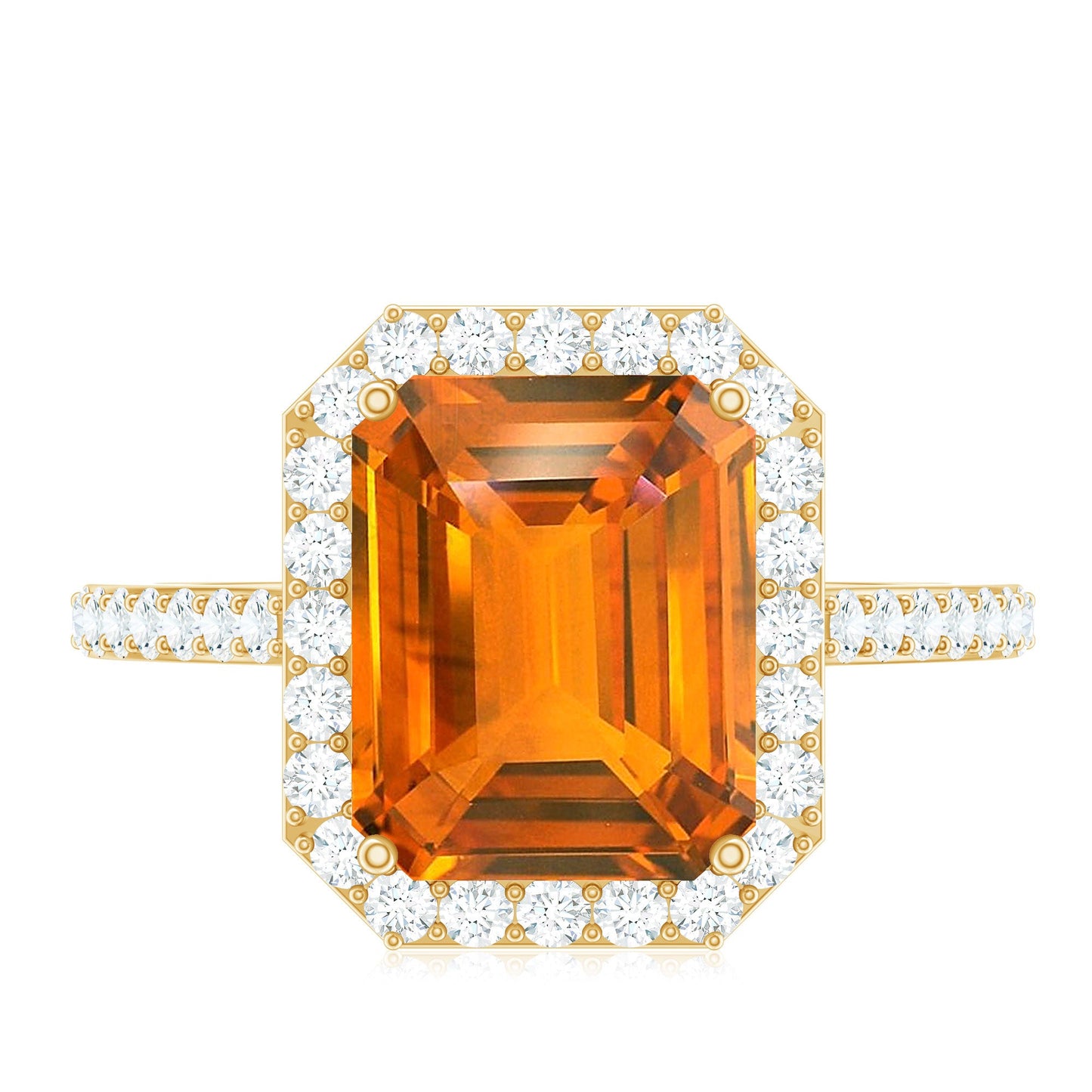 2.75 Carat Lab Grown Orange Sapphire Emerald Cut Engagement Ring with Diamond Halo