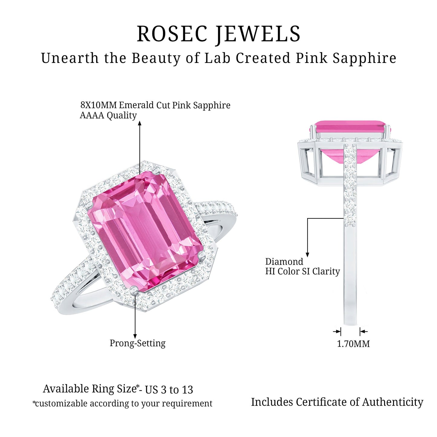 2.75 Carat Lab Grown Pink Sapphire Emerald Cut Engagement Ring with Diamond