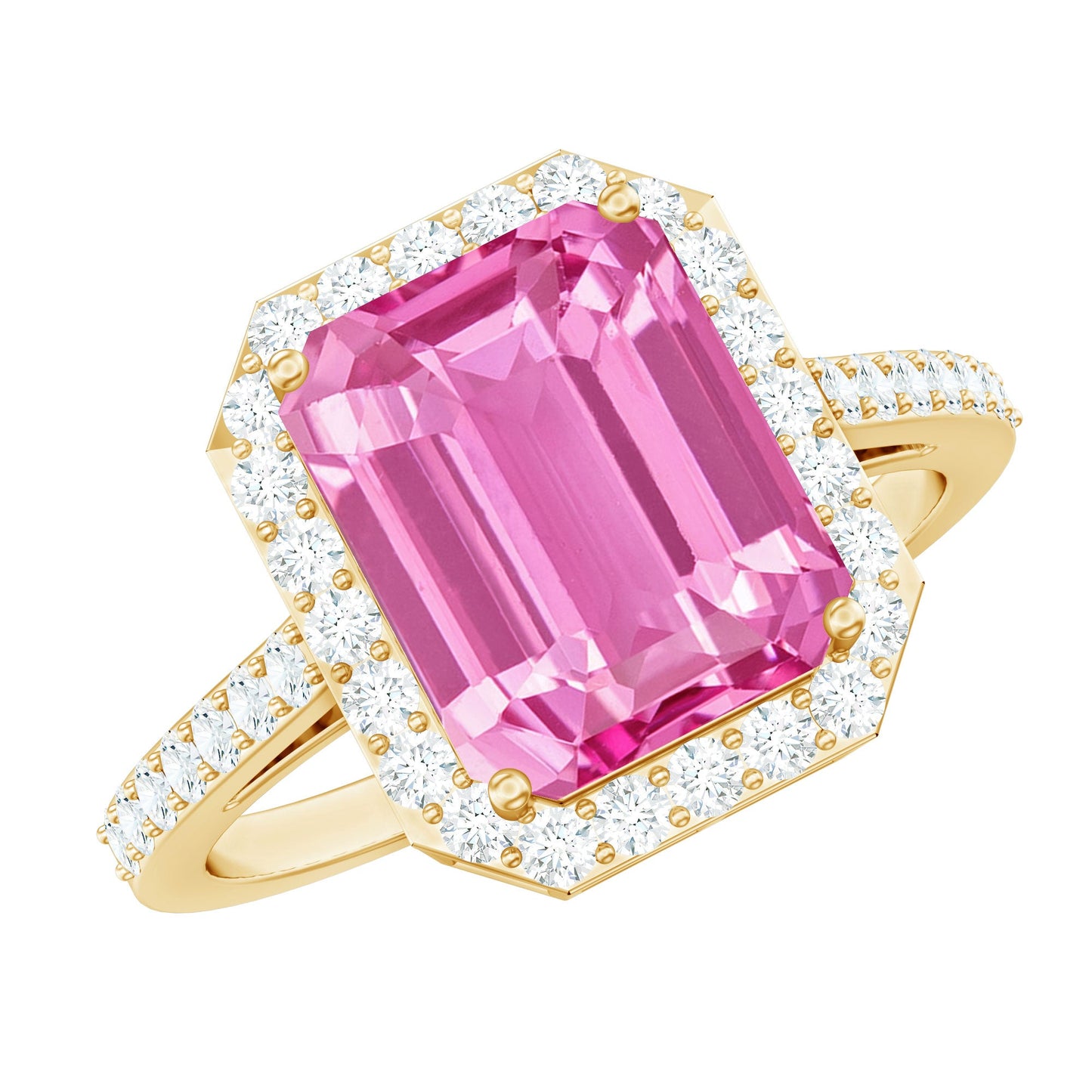 2.75 Carat Lab Grown Pink Sapphire Emerald Cut Engagement Ring with Diamond