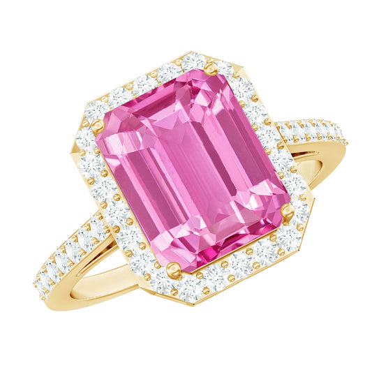 2.75 Carat Lab Grown Pink Sapphire Emerald Cut Engagement Ring with Diamond