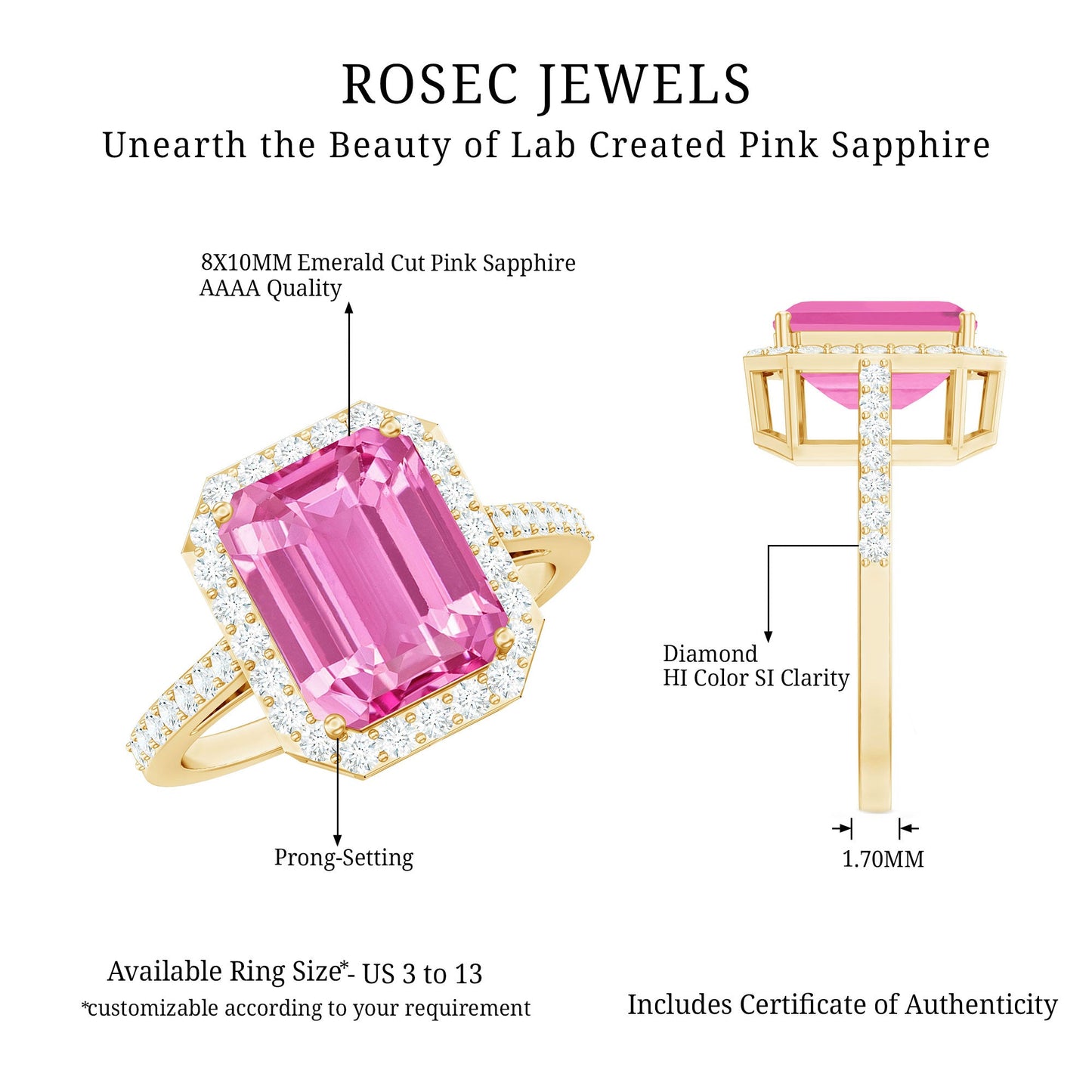 2.75 Carat Lab Grown Pink Sapphire Emerald Cut Engagement Ring with Diamond