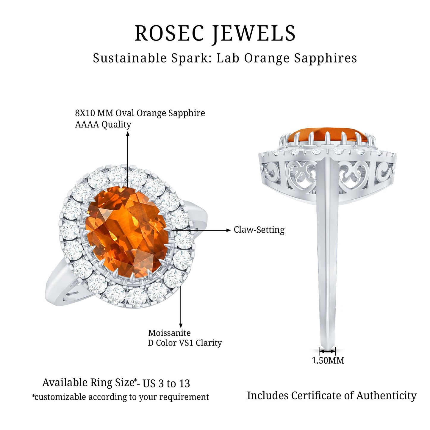 Certified 4 Carat Lab Grown Orange Sapphire Huge Engagement Ring with Halo