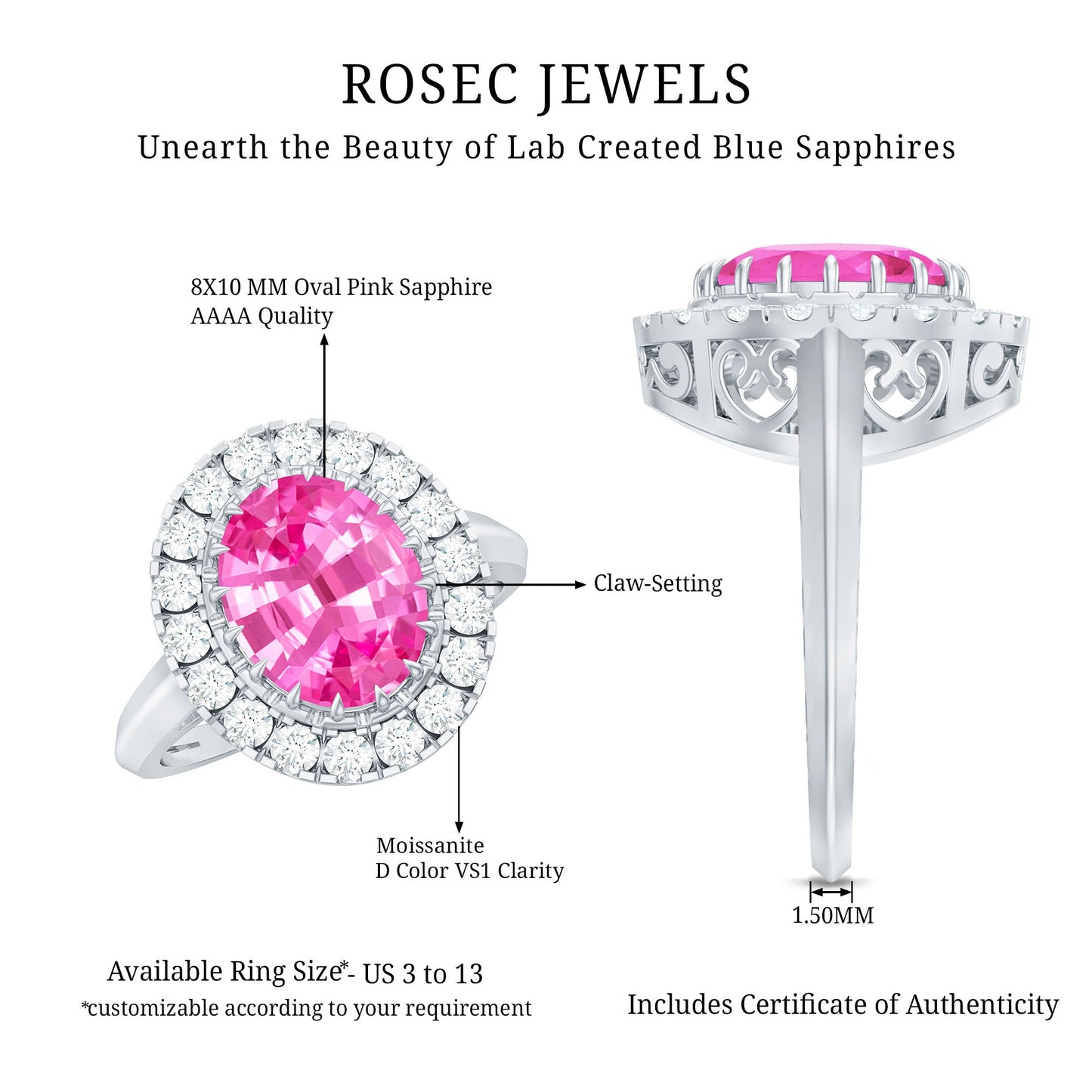 4 Carat Lab Grown Pink Sapphire Vintage Engagement Ring with Moissanite Halo