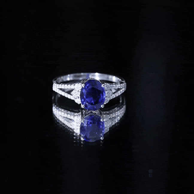Certified 4 Carat Lab Grown Blue Sapphire Oval Engagement Ring with Moissanite Split Shank
