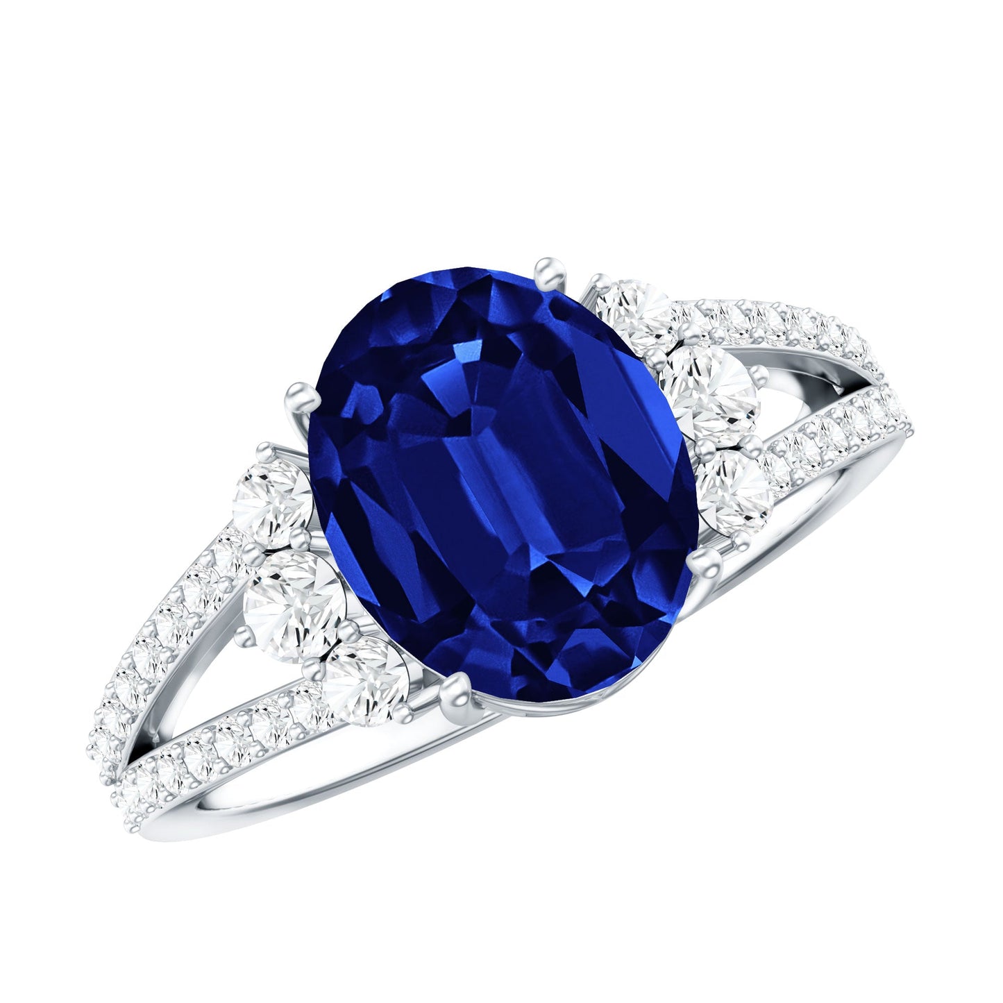 Certified 4 Carat Lab Grown Blue Sapphire Oval Engagement Ring with Moissanite Split Shank