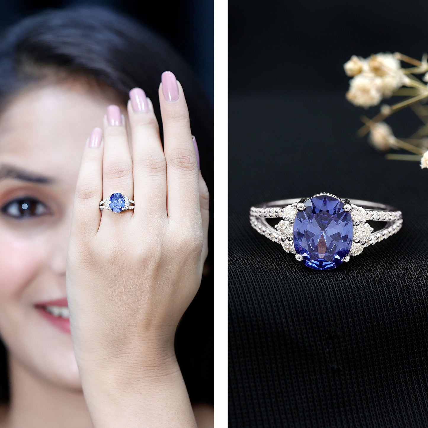 Certified 4 Carat Lab Grown Blue Sapphire Oval Engagement Ring with Moissanite Split Shank