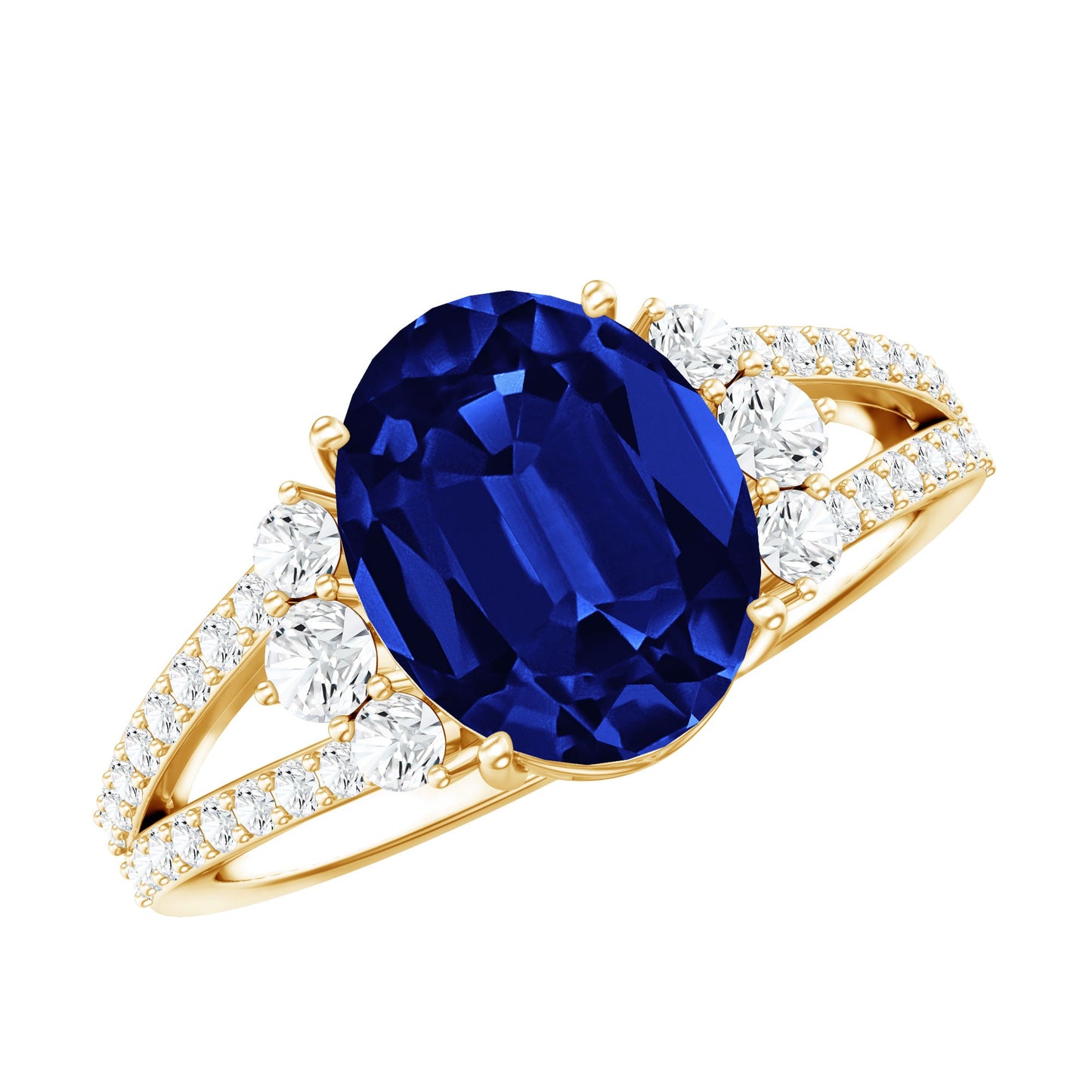 Certified 4 Carat Lab Grown Blue Sapphire Oval Engagement Ring with Moissanite Split Shank