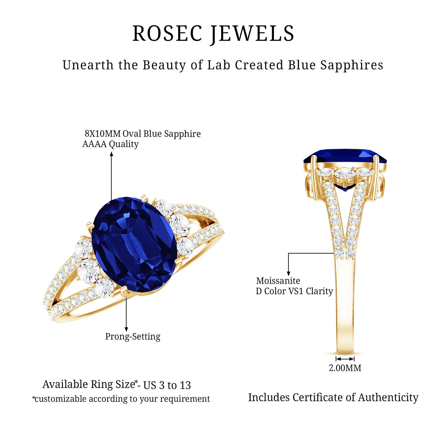 Certified 4 Carat Lab Grown Blue Sapphire Oval Engagement Ring with Moissanite Split Shank