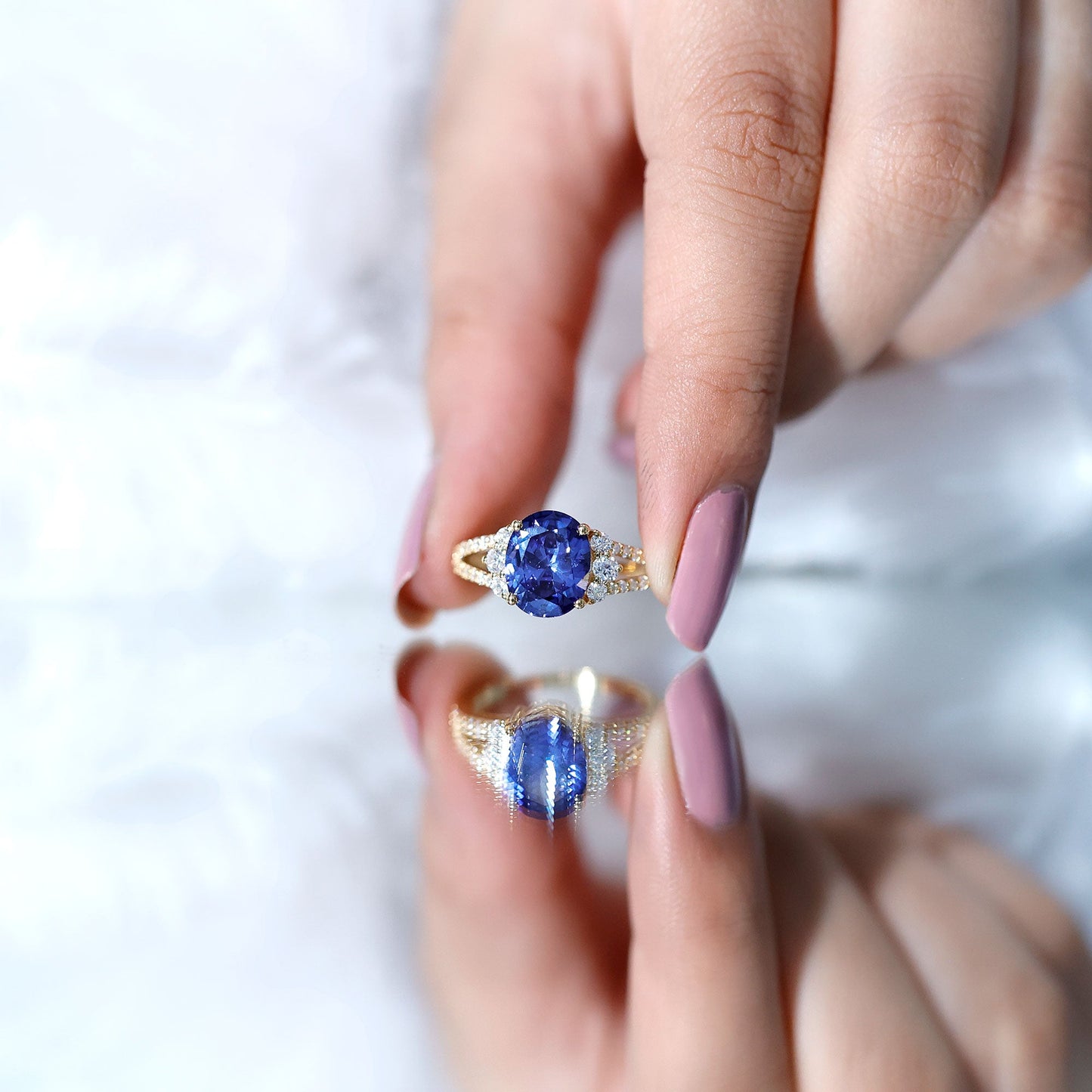 Certified 4 Carat Lab Grown Blue Sapphire Oval Engagement Ring with Moissanite Split Shank