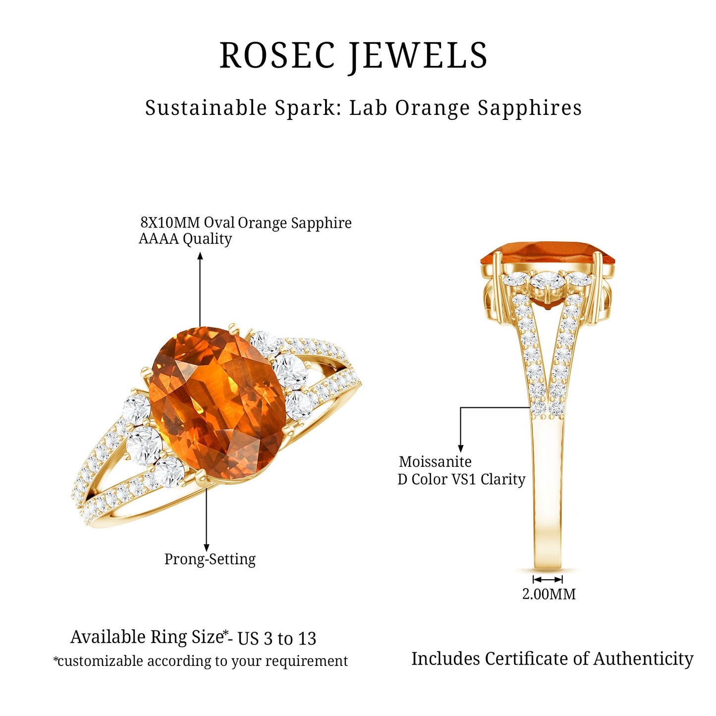 4 Carat Lab Grown Orange Sapphire Oblong Engagement Ring with Split Shank
