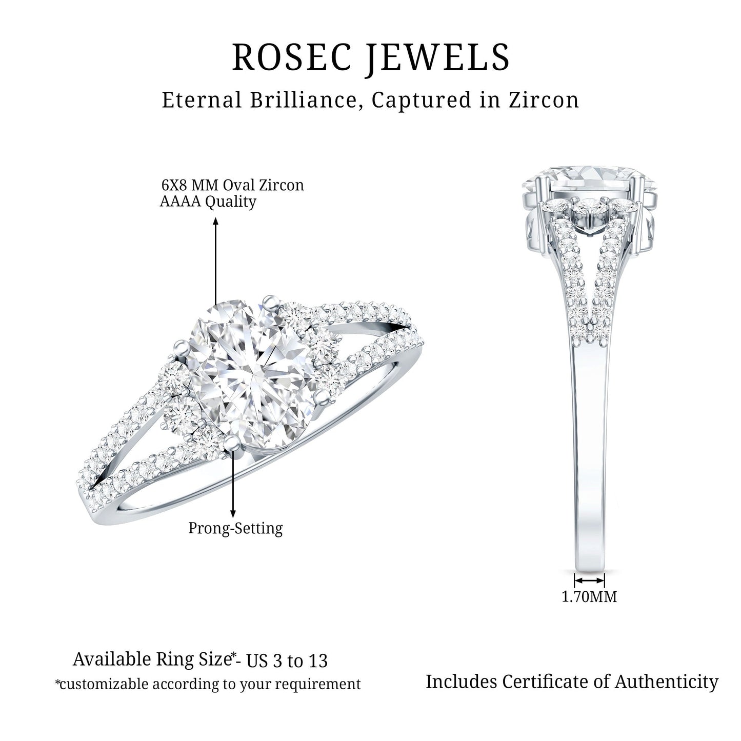 Solitaire Cubic Zirconia Oval Engagement Ring with Side Stones