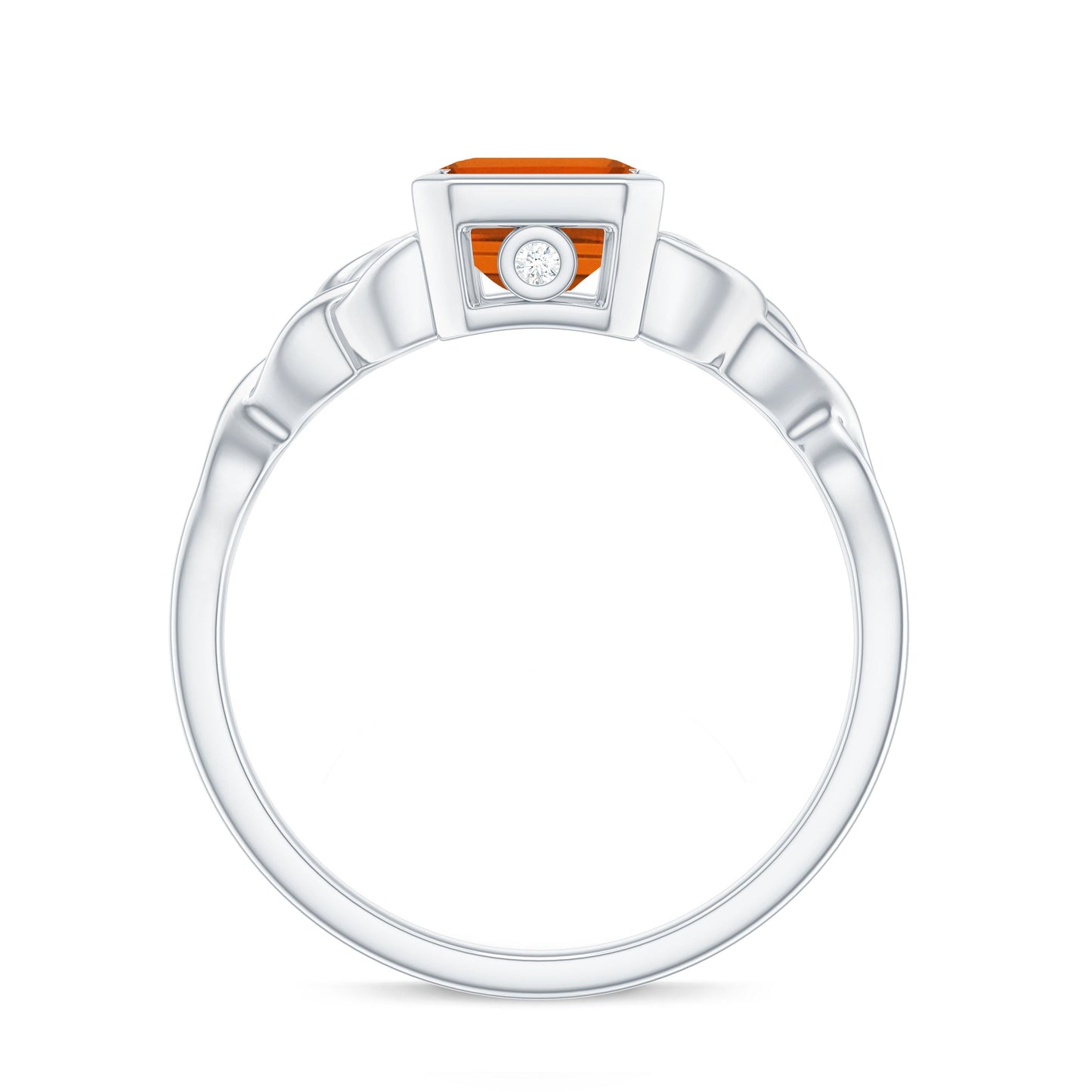 1.75 Carat Emerald Cut Lab Grown Orange Sapphire Diamond Bezel Set Engagement Ring
