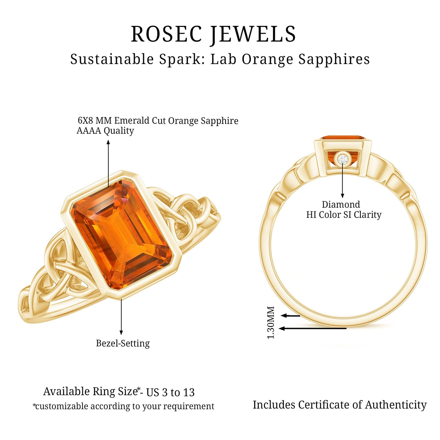 1.75 Carat Emerald Cut Lab Grown Orange Sapphire Diamond Bezel Set Engagement Ring
