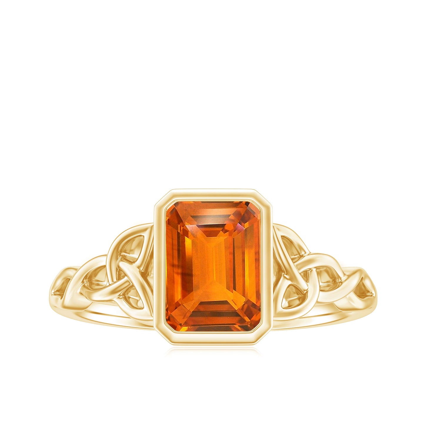 1.75 Carat Emerald Cut Lab Grown Orange Sapphire Diamond Bezel Set Engagement Ring