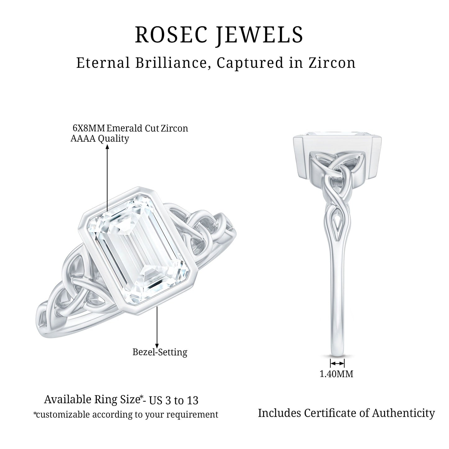 Emerald Cut Zircon Celtic Solitaire Engagement Ring