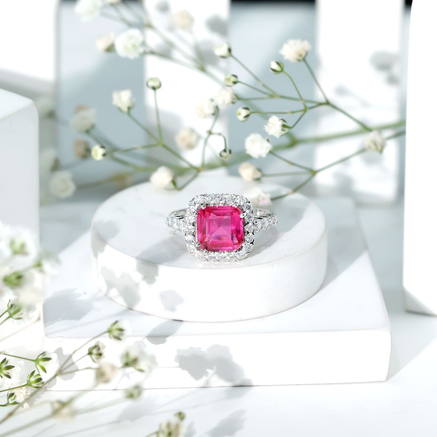 Lab Grown Pink Sapphire Statement Engagement Ring With Moissanite