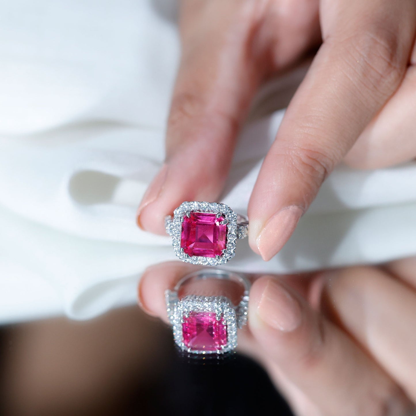 Lab Grown Pink Sapphire Statement Engagement Ring With Moissanite