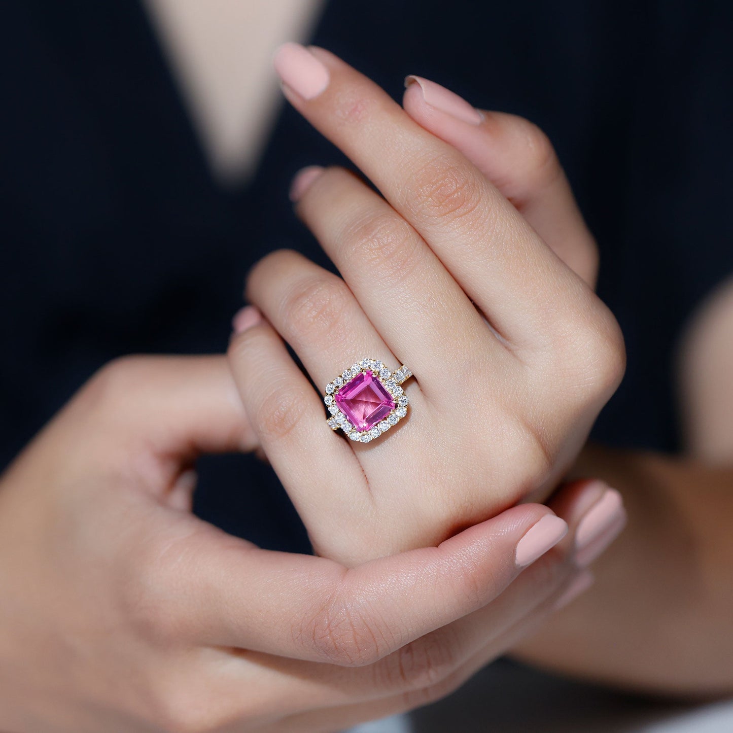 Lab Grown Pink Sapphire Statement Engagement Ring With Moissanite