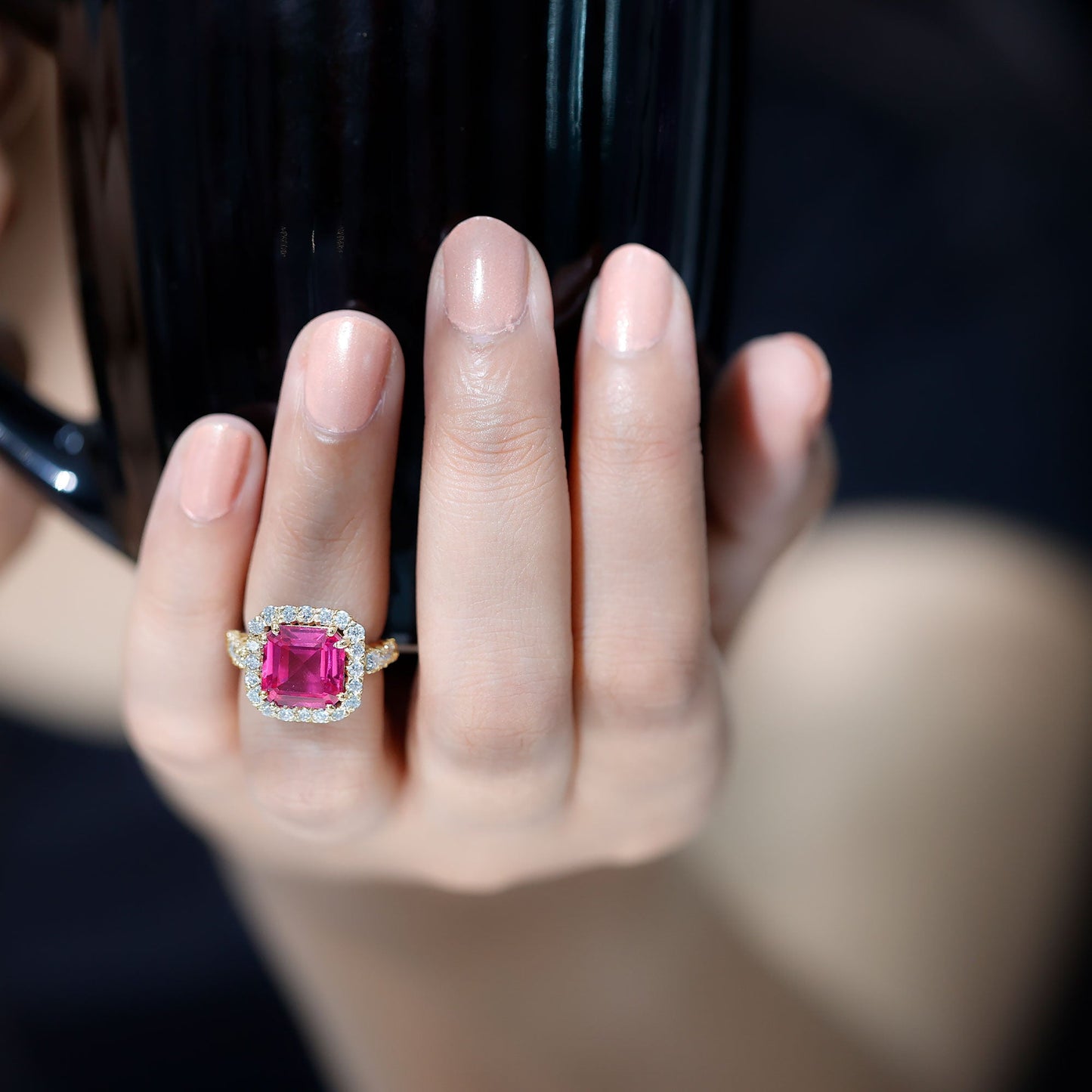 Lab Grown Pink Sapphire Statement Engagement Ring With Moissanite