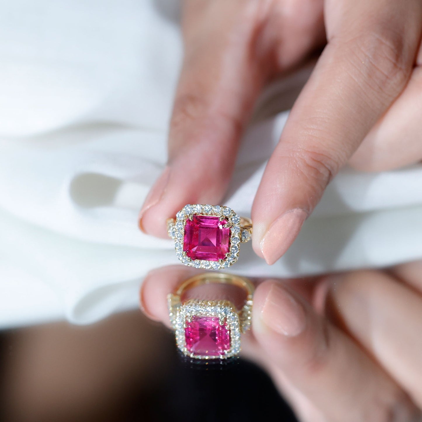 Lab Grown Pink Sapphire Statement Engagement Ring With Moissanite