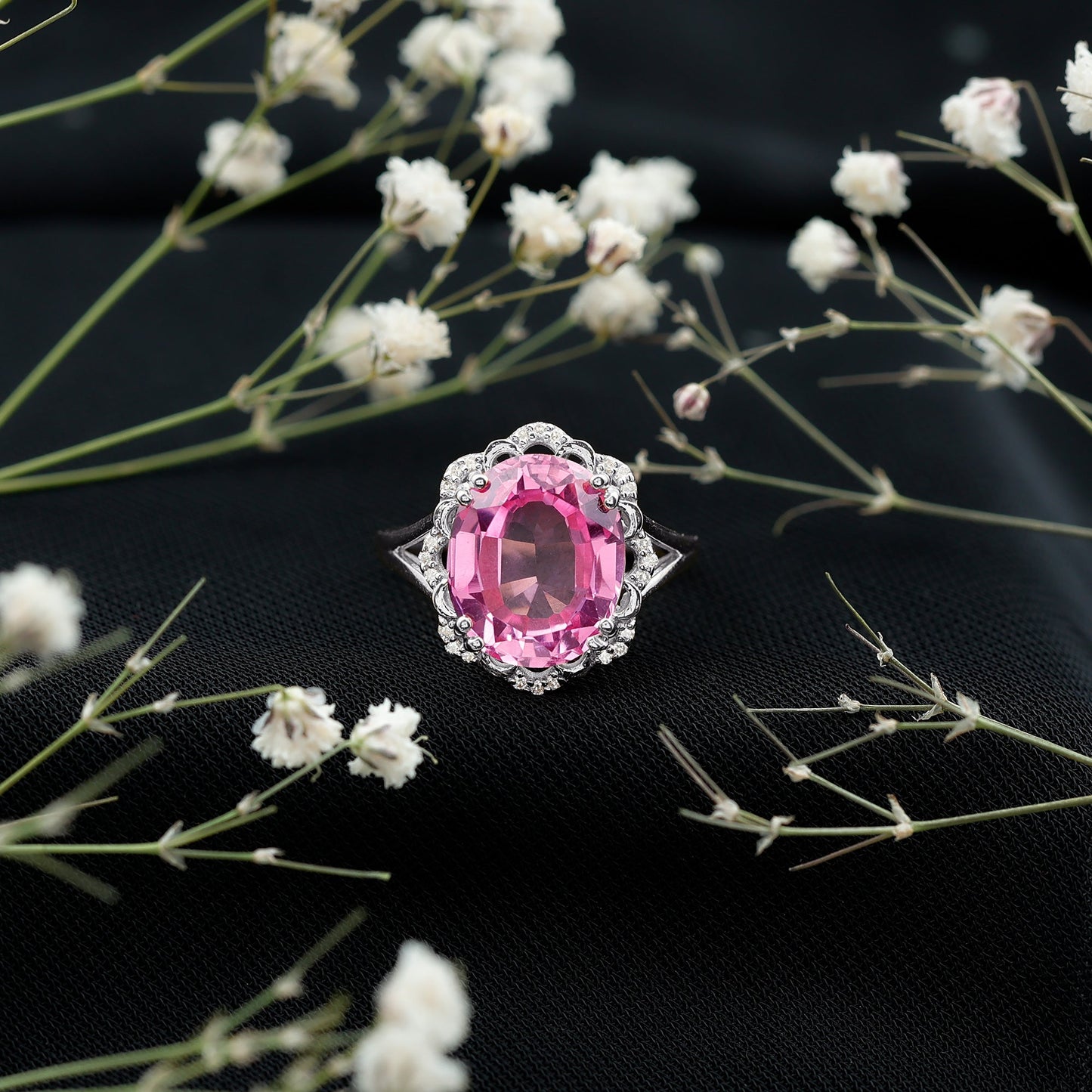 Oval Lab Created Pink Sapphire Huge Engagement Ring with Diamond
