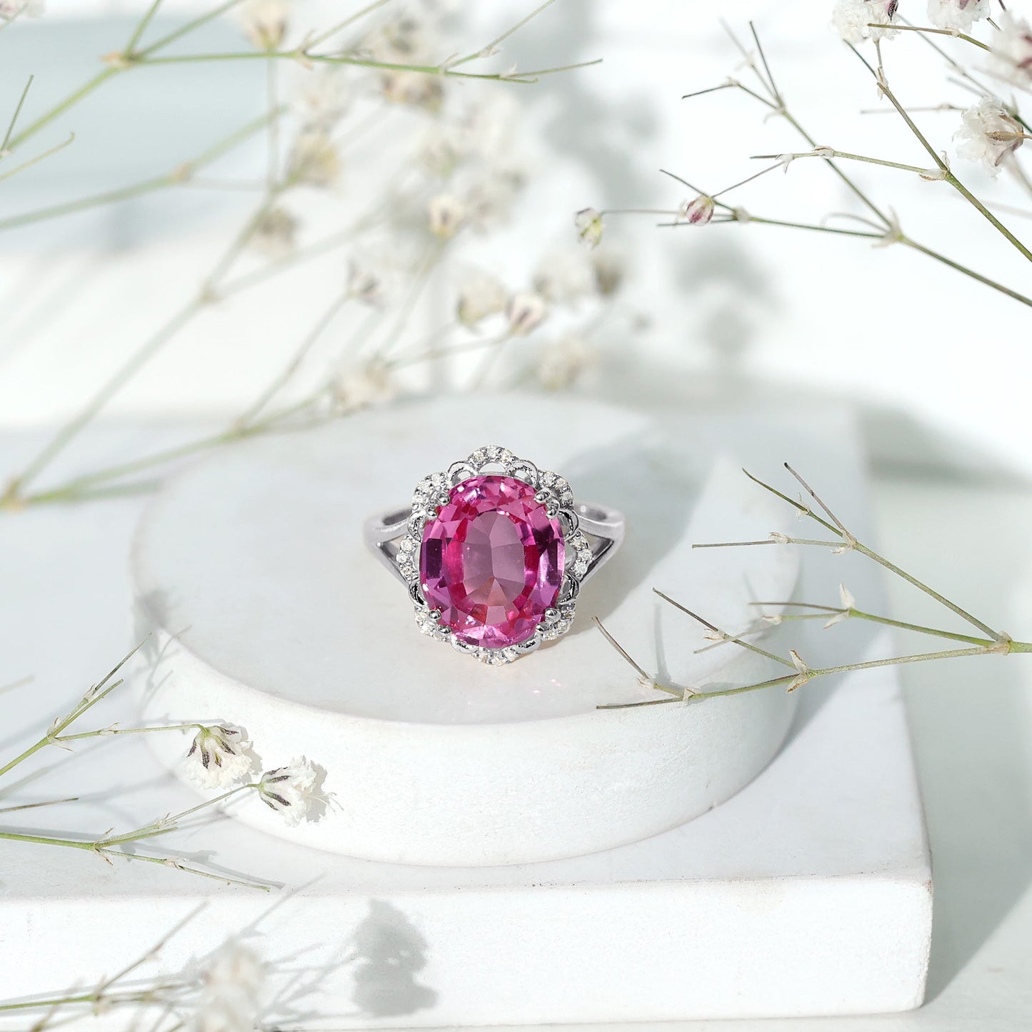 Oval Lab Created Pink Sapphire Huge Engagement Ring with Diamond