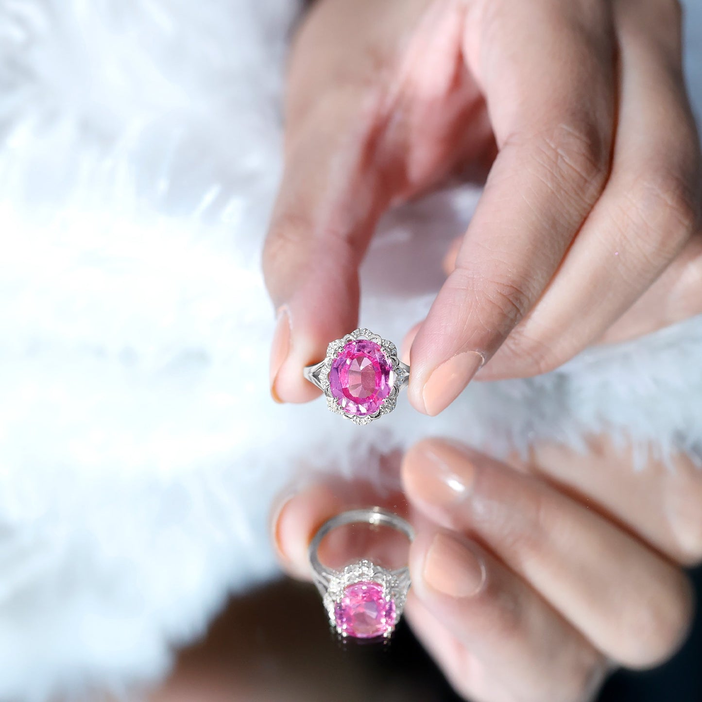 Oval Lab Created Pink Sapphire Huge Engagement Ring with Diamond