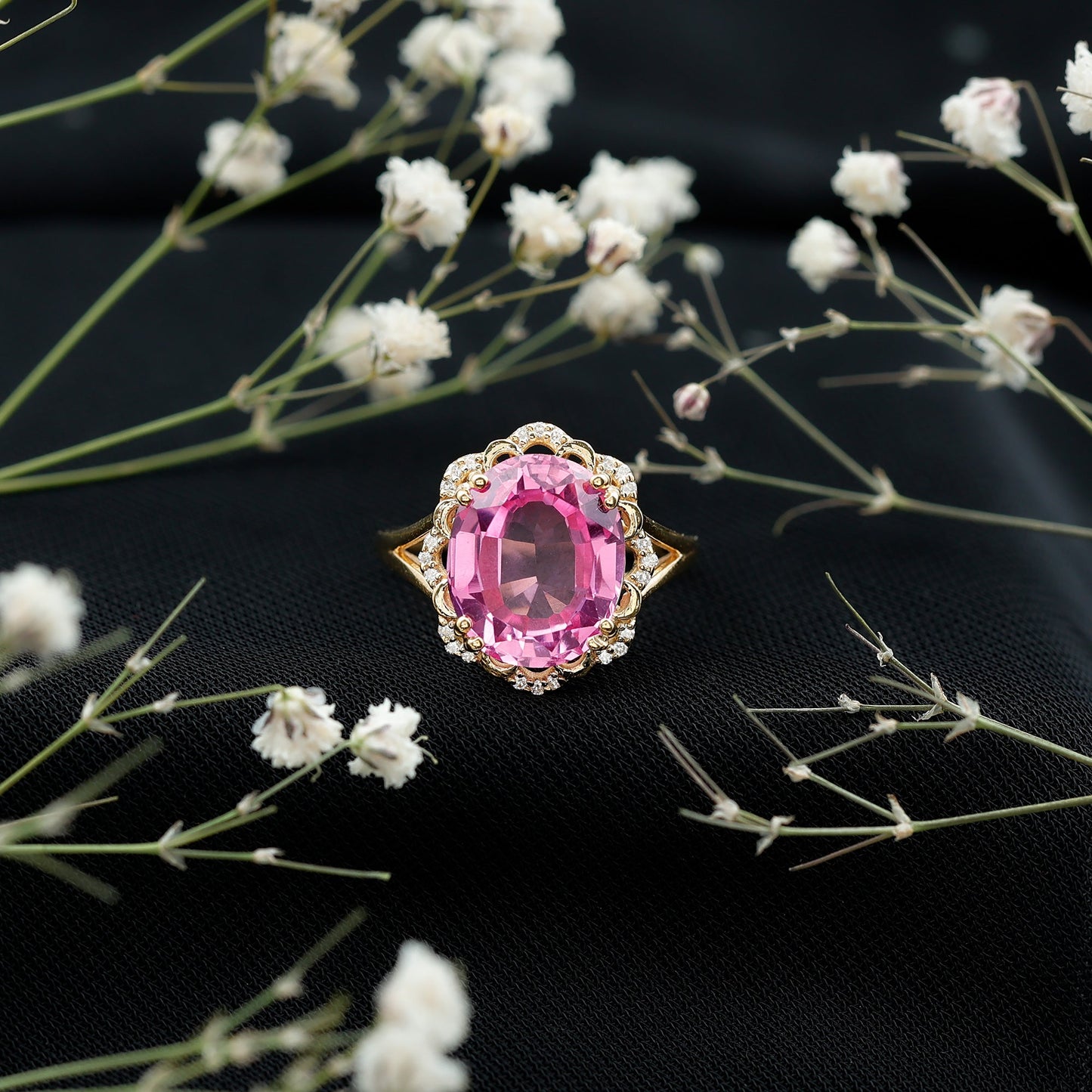 Oval Lab Created Pink Sapphire Huge Engagement Ring with Diamond