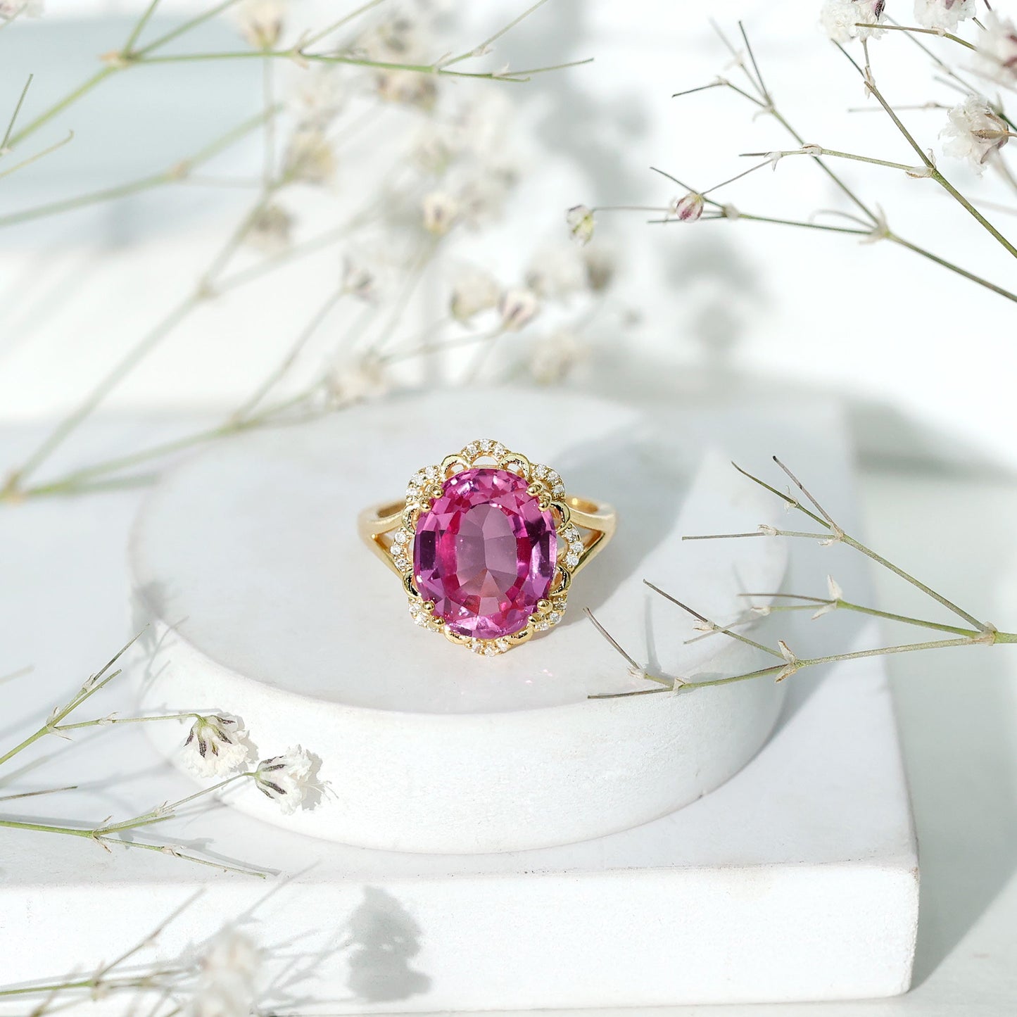Oval Lab Created Pink Sapphire Huge Engagement Ring with Diamond