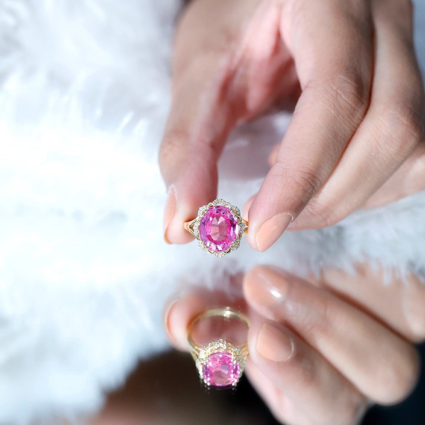 Oval Lab Created Pink Sapphire Huge Engagement Ring with Diamond